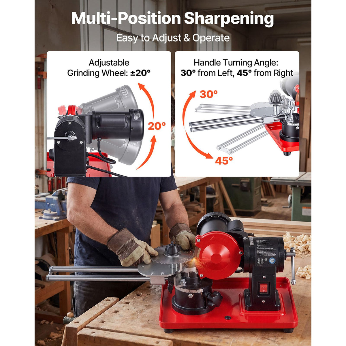 Circular Saw Blade Sharpener, 370W 2890RPM Rotary Angle Mill Grinder Sharpening Machine with 125mm Grinding Wheel & 6 Saw Centerings - Fits Φ80mm to Φ700mm Circular Saw Blades