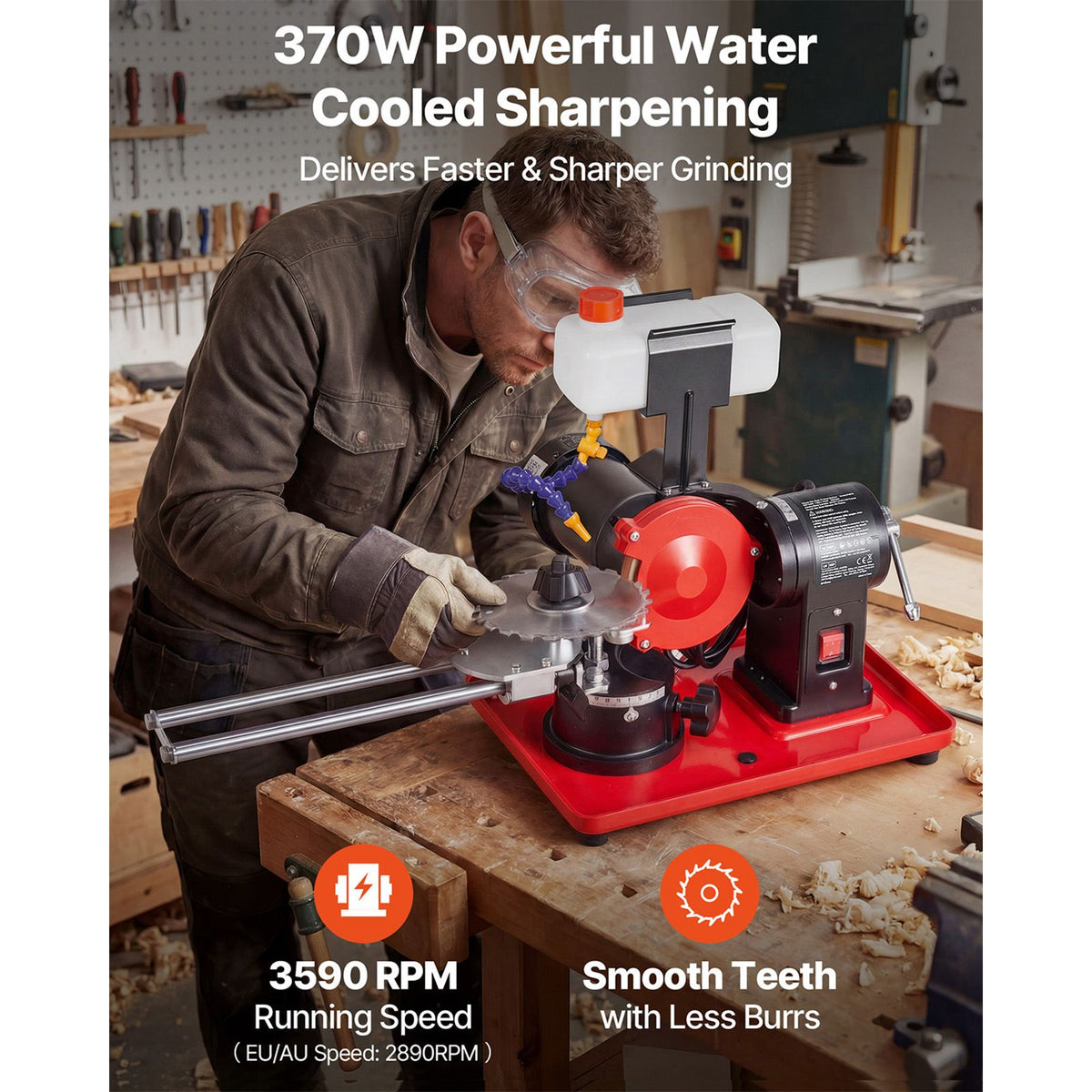 Circular Saw Blade Sharpener with Water Tank, 370W 2890RPM Rotary Angle Mill Grinder, Water Injection Sharpening Machine with 125mm Grinding Wheel - Fits Φ80mm to Φ700mm Circular Saw Blades