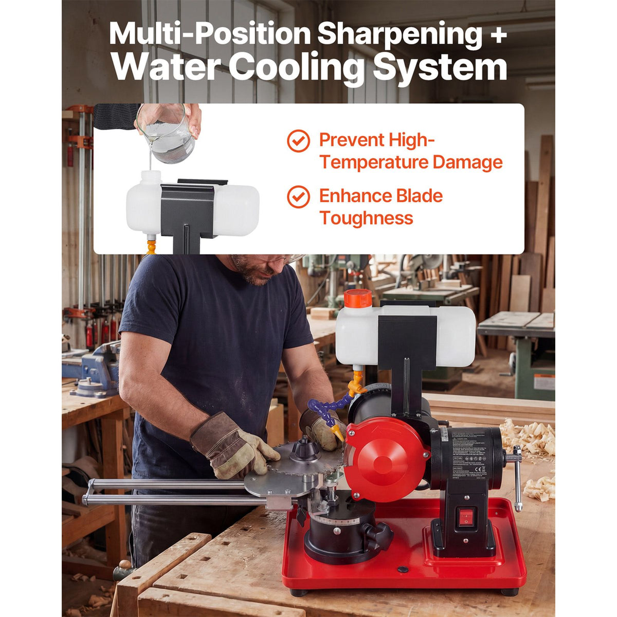 Circular Saw Blade Sharpener with Water Tank, 370W 2890RPM Rotary Angle Mill Grinder, Water Injection Sharpening Machine with 125mm Grinding Wheel - Fits Φ80mm to Φ700mm Circular Saw Blades
