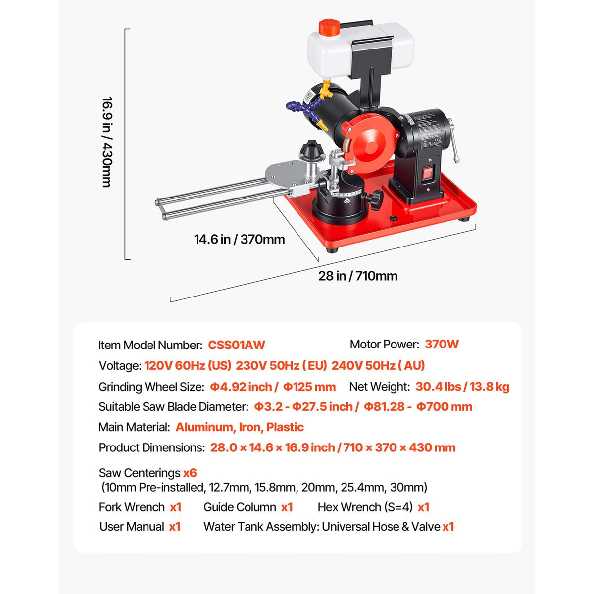 Circular Saw Blade Sharpener with Water Tank, 370W 2890RPM Rotary Angle Mill Grinder, Water Injection Sharpening Machine with 125mm Grinding Wheel - Fits Φ80mm to Φ700mm Circular Saw Blades