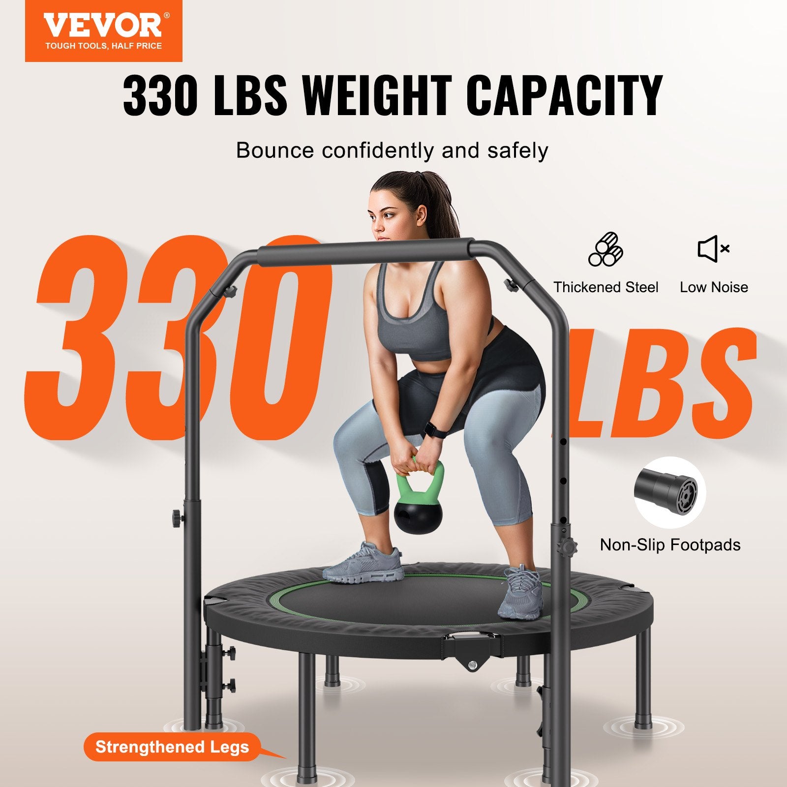 Ball Pits & Play Pens: VEVOR Foldable Mini Trampoline, 40 Inch Fitness Rebounder, Max Load 330lbs Exercise Trampoline, Stable & Quiet Trampoline with 4 Level Height Adjustable Foam Handle, for Adults Indoor/Garden Workout