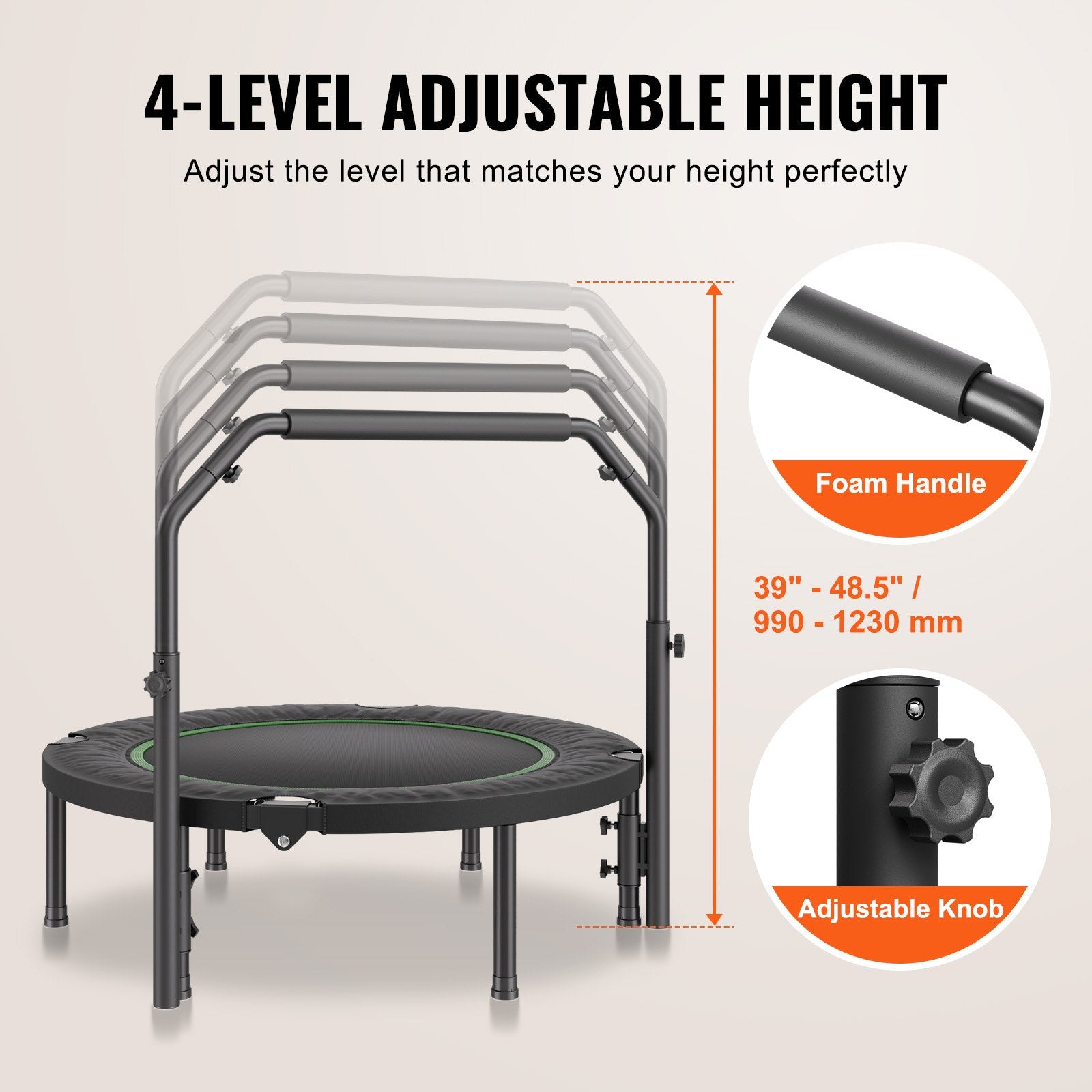 Ball Pits & Play Pens: VEVOR Foldable Mini Trampoline, 40 Inch Fitness Rebounder, Max Load 330lbs Exercise Trampoline, Stable & Quiet Trampoline with 4 Level Height Adjustable Foam Handle, for Adults Indoor/Garden Workout