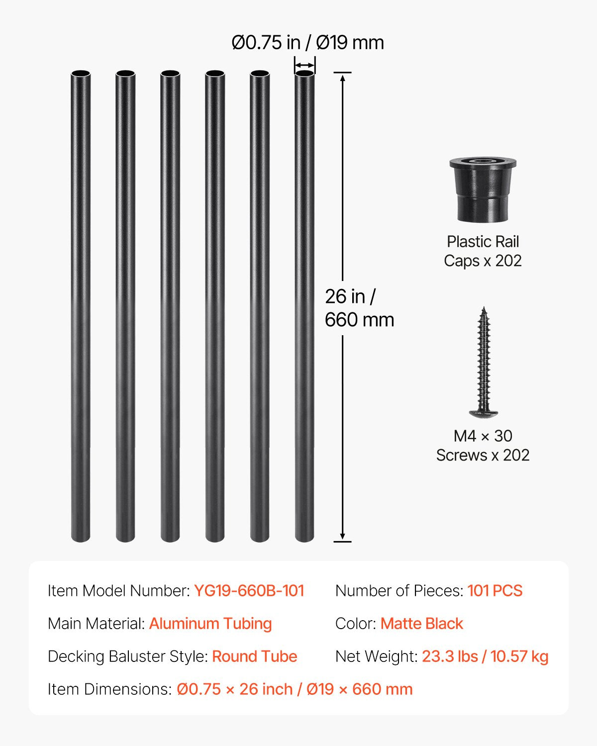 Building Toys: VEVOR Staircase Balusters 101 Pack, 660 mm Aluminum Stair Balusters, 19 mm Water-Proof Round Metal Spindle Railing, Hollow Deck Railing with Rail Caps & Screws for Stairs, Porch, Patio, Matte Black