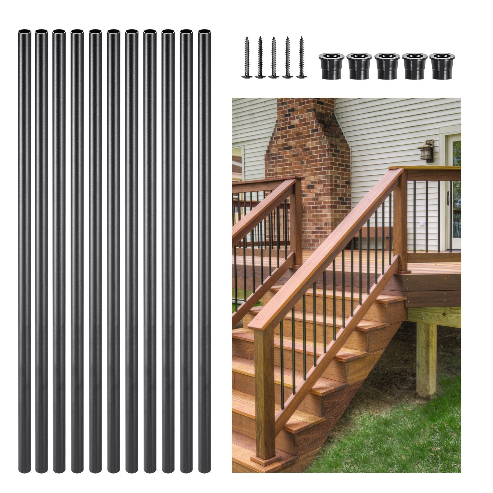Building Toys: VEVOR Staircase Balusters 101 Pack, 660 mm Aluminum Stair Balusters, 19 mm Water-Proof Round Metal Spindle Railing, Hollow Deck Railing with Rail Caps & Screws for Stairs, Porch, Patio, Matte Black
