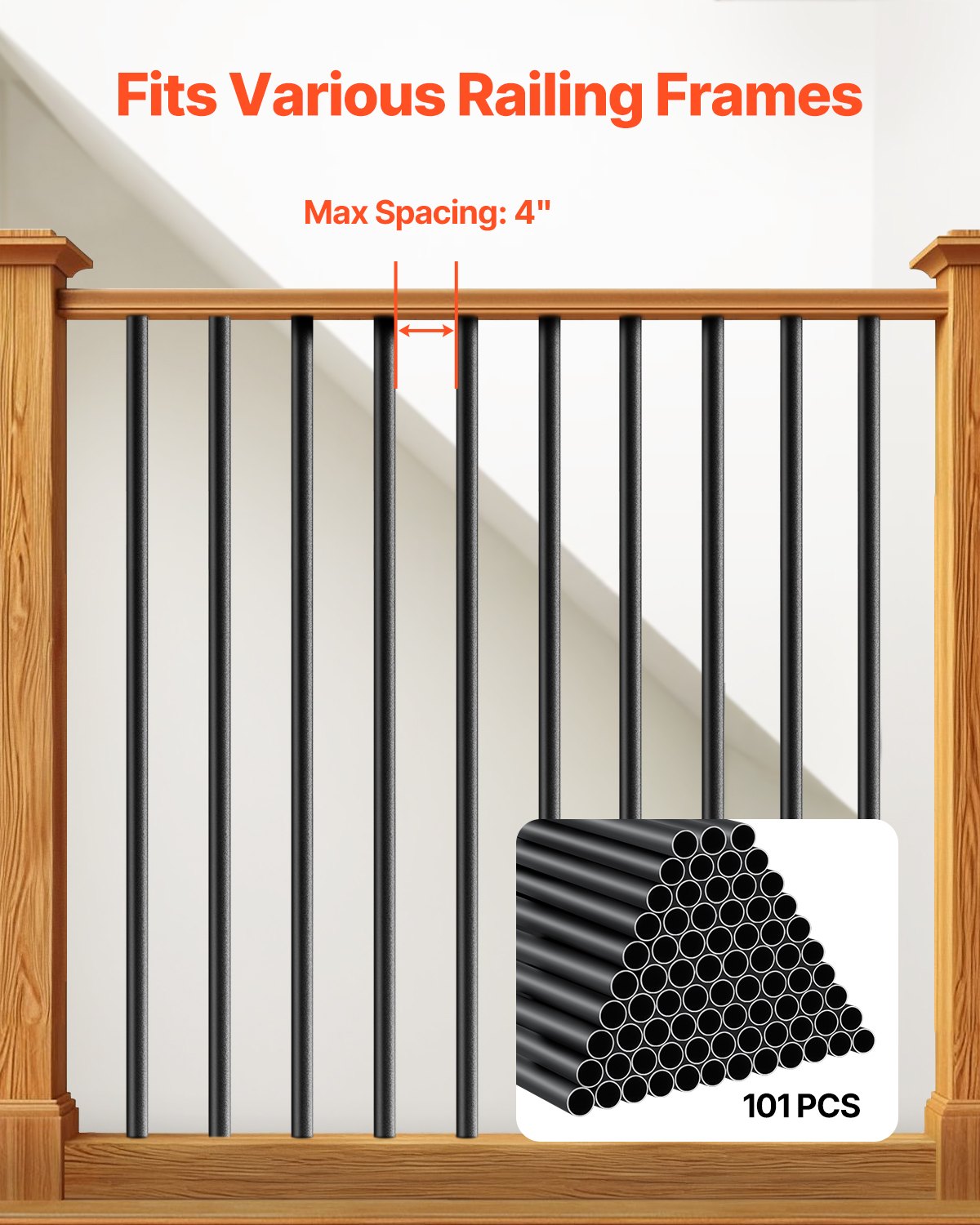 Staircase Balusters 101 Pack, 32 In Aluminum Stair Balusters, 3/4 In Water-Proof Round Metal Spindle Railing, Hollow Deck Railing with Rail Caps & Screws for Stairs, Porch, Patio, Fence, Black
