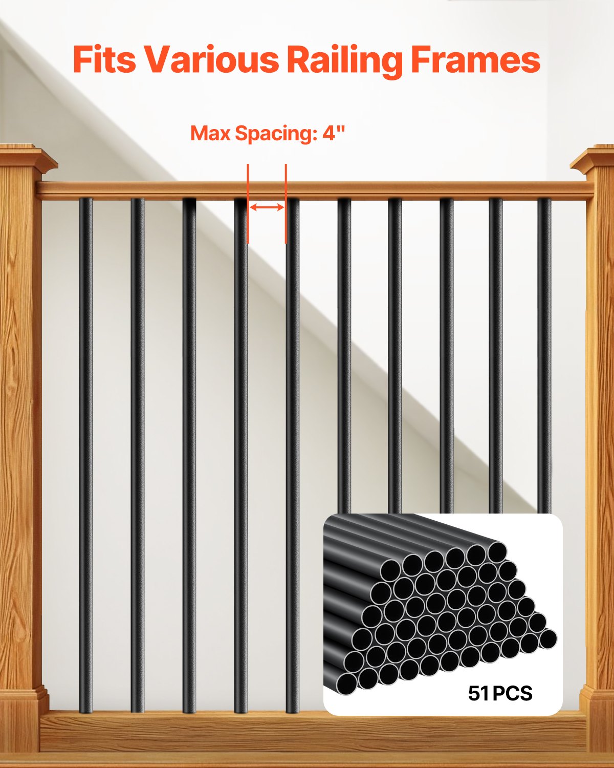 Staircase Balusters 51 Pack, 660 mm Aluminum Stair Balusters, 19 mm Water-Proof Round Metal Spindle Railing, Hollow Deck Railing with Rail Caps & Screws for Stairs, Porch, Patio, Fence, Black