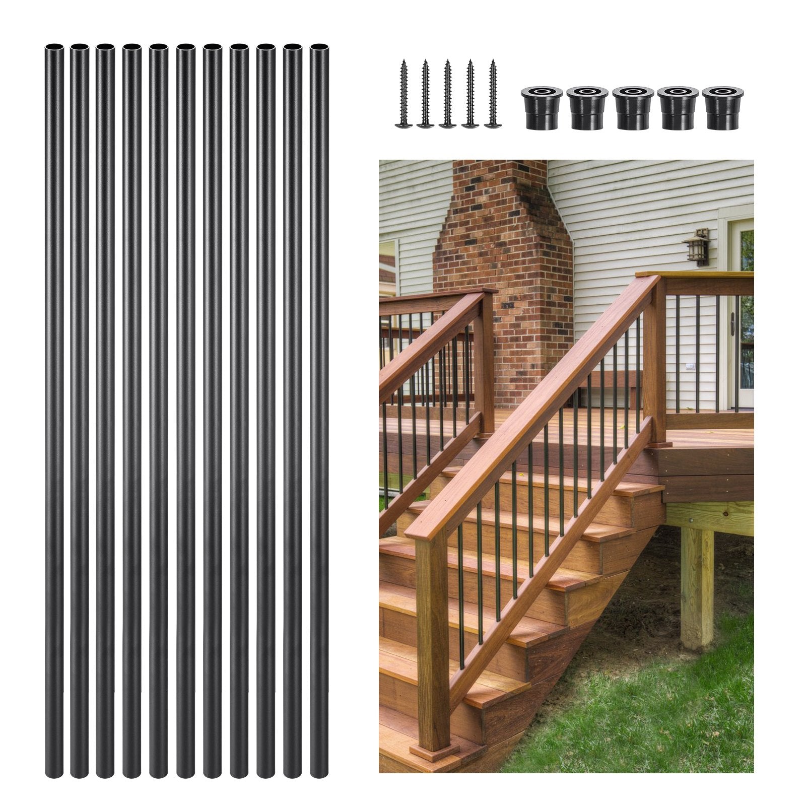 Dog Carriers & Crates: VEVOR Staircase Balusters 51 Pack, 813 mm Aluminum Stair Balusters, 19 mm Water-Proof Round Metal Spindle Railing, Hollow Deck Railing with Rail Caps & Screws for Stairs, Porch, Patio, Matte Black