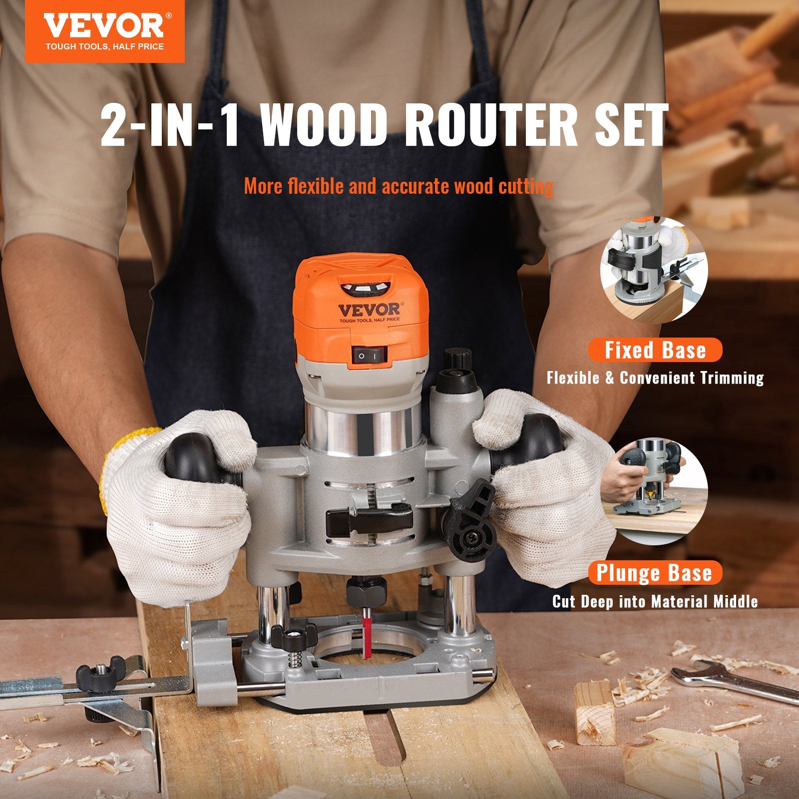 Chainsaws: VEVOR Wood Router, 1.25HP 800W, Compact Wood Trimmer Router Combo Tool with Plunge and Fixed Base, 30000RPM 6 Variable Speeds, with 1/4'' & 5/16'' Collets Dust Hood, for Woodworking Slotting Trimming