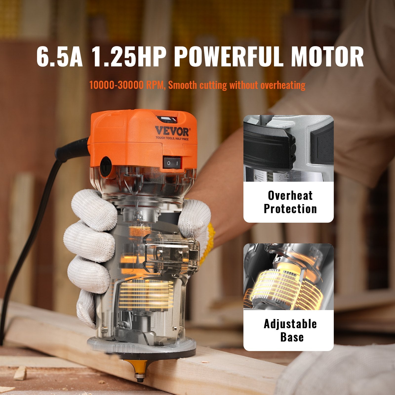 Chainsaws: VEVOR Wood Router, 1.25HP 800W, Compact Wood Trimmer Router Combo Tool with Plunge and Fixed Base, 30000RPM 6 Variable Speeds, with 1/4'' & 5/16'' Collets Dust Hood, for Woodworking Slotting Trimming