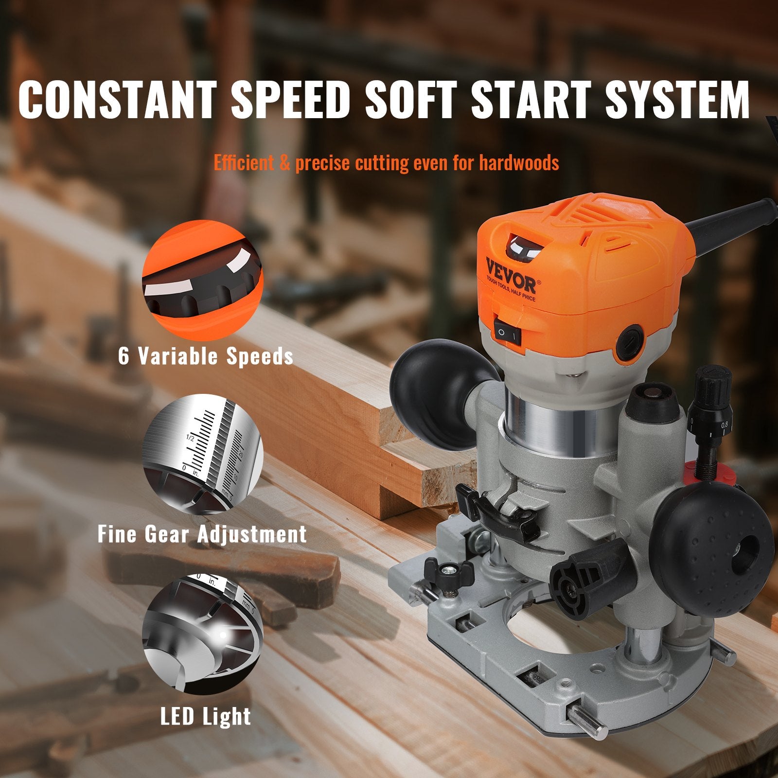 Chainsaws: VEVOR Wood Router, 1.25HP 800W, Compact Wood Trimmer Router Combo Tool with Plunge and Fixed Base, 30000RPM 6 Variable Speeds, with 1/4'' & 5/16'' Collets Dust Hood, for Woodworking Slotting Trimming