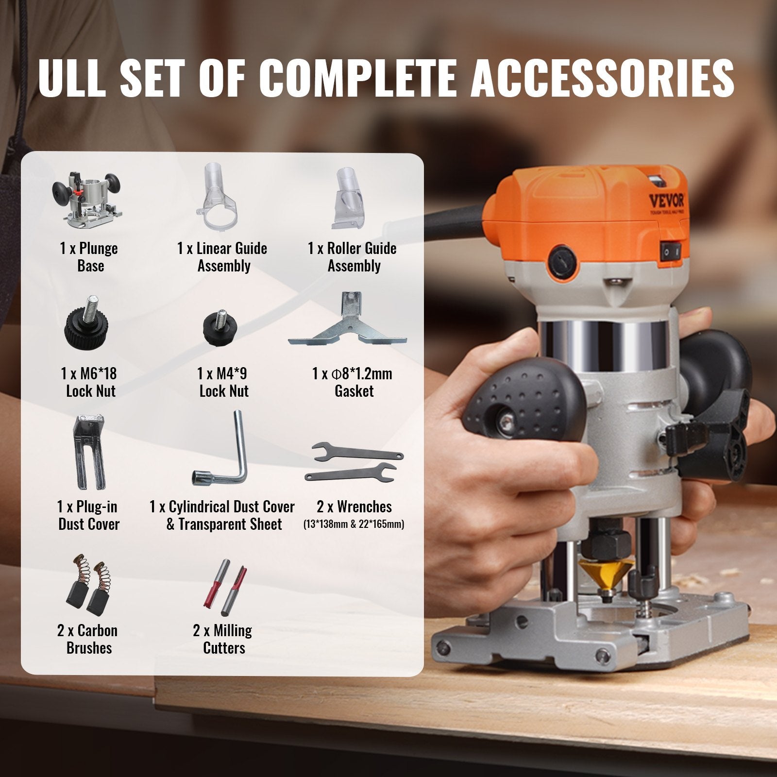 Chainsaws: VEVOR Wood Router, 1.25HP 800W, Compact Wood Trimmer Router Combo Tool with Plunge and Fixed Base, 30000RPM 6 Variable Speeds, with 1/4'' & 5/16'' Collets Dust Hood, for Woodworking Slotting Trimming