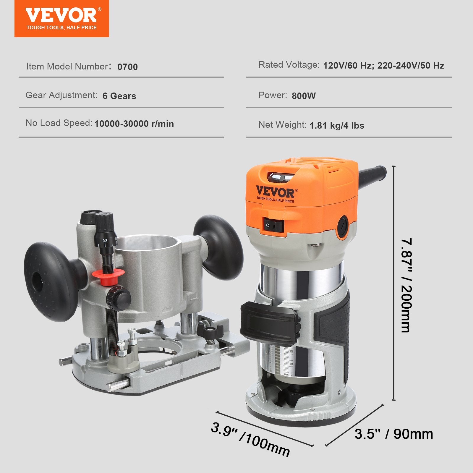 Chainsaws: VEVOR Wood Router, 1.25HP 800W, Compact Wood Trimmer Router Combo Tool with Plunge and Fixed Base, 30000RPM 6 Variable Speeds, with 1/4'' & 5/16'' Collets Dust Hood, for Woodworking Slotting Trimming
