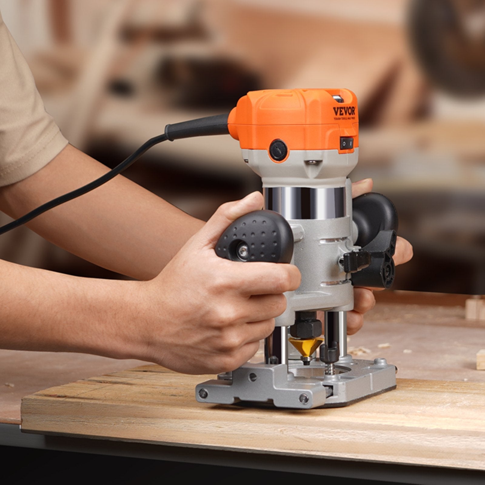 Chainsaws: VEVOR Wood Router, 1.25HP 800W, Compact Wood Trimmer Router Combo Tool with Plunge and Fixed Base, 30000RPM 6 Variable Speeds, with 1/4'' & 5/16'' Collets Dust Hood, for Woodworking Slotting Trimming