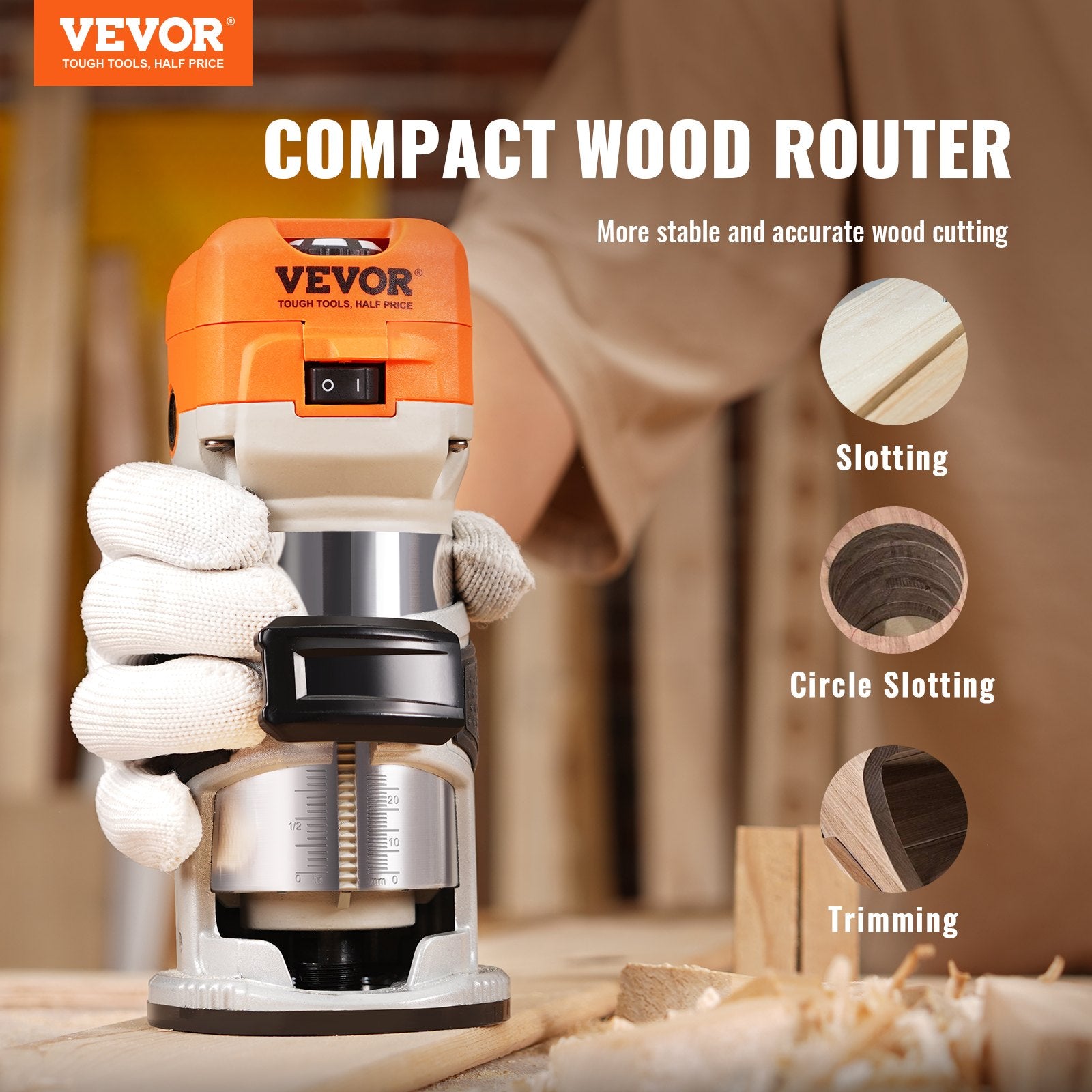 Chainsaws: VEVOR Wood Router, 1.25HP 800W, Compact Wood Trimmer Router Tool, 30000RPM Max Speed 6 Variable Speeds, with 1/4'' & 5/16'' Collets 12 PCs Milling Cutters Dust Hood, for Woodworking Slotting Trimming