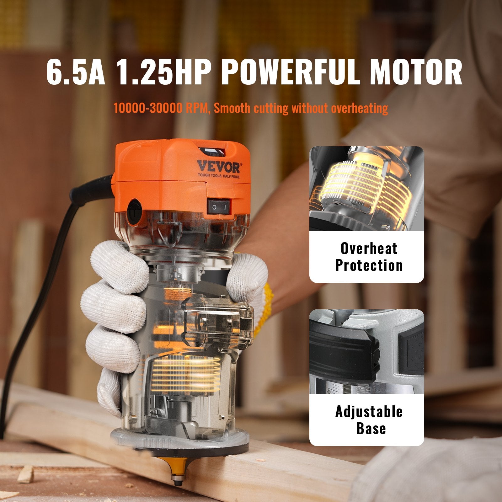 Chainsaws: VEVOR Wood Router, 1.25HP 800W, Compact Wood Trimmer Router Tool, 30000RPM Max Speed 6 Variable Speeds, with 1/4'' & 5/16'' Collets 12 PCs Milling Cutters Dust Hood, for Woodworking Slotting Trimming