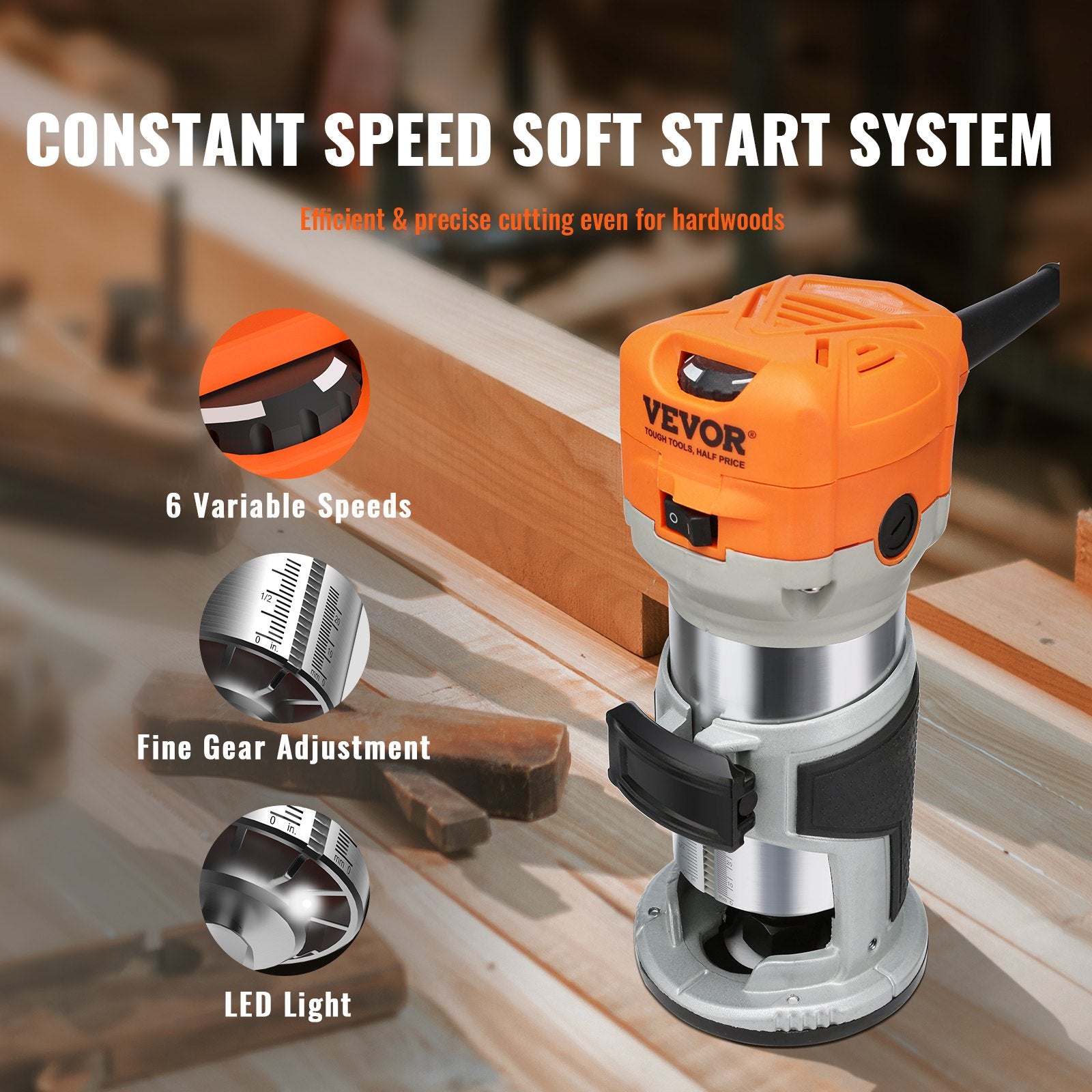 Chainsaws: VEVOR Wood Router, 1.25HP 800W, Compact Wood Trimmer Router Tool, 30000RPM Max Speed 6 Variable Speeds, with 1/4'' & 5/16'' Collets 12 PCs Milling Cutters Dust Hood, for Woodworking Slotting Trimming