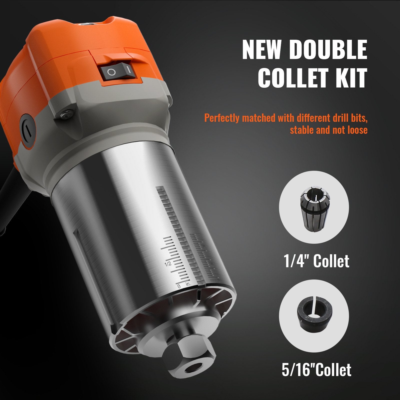 Chainsaws: VEVOR Wood Router, 1.25HP 800W, Compact Wood Trimmer Router Tool, 30000RPM Max Speed 6 Variable Speeds, with 1/4'' & 5/16'' Collets 12 PCs Milling Cutters Dust Hood, for Woodworking Slotting Trimming