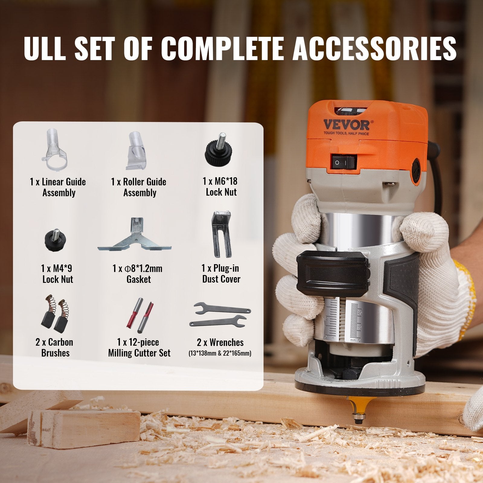Chainsaws: VEVOR Wood Router, 1.25HP 800W, Compact Wood Trimmer Router Tool, 30000RPM Max Speed 6 Variable Speeds, with 1/4'' & 5/16'' Collets 12 PCs Milling Cutters Dust Hood, for Woodworking Slotting Trimming