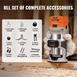 Chainsaws: VEVOR Wood Router, 1.25HP 800W, Compact Wood Trimmer Router Tool, 30000RPM Max Speed 6 Variable Speeds, with 1/4'' & 5/16'' Collets 12 PCs Milling Cutters Dust Hood, for Woodworking Slotting Trimming