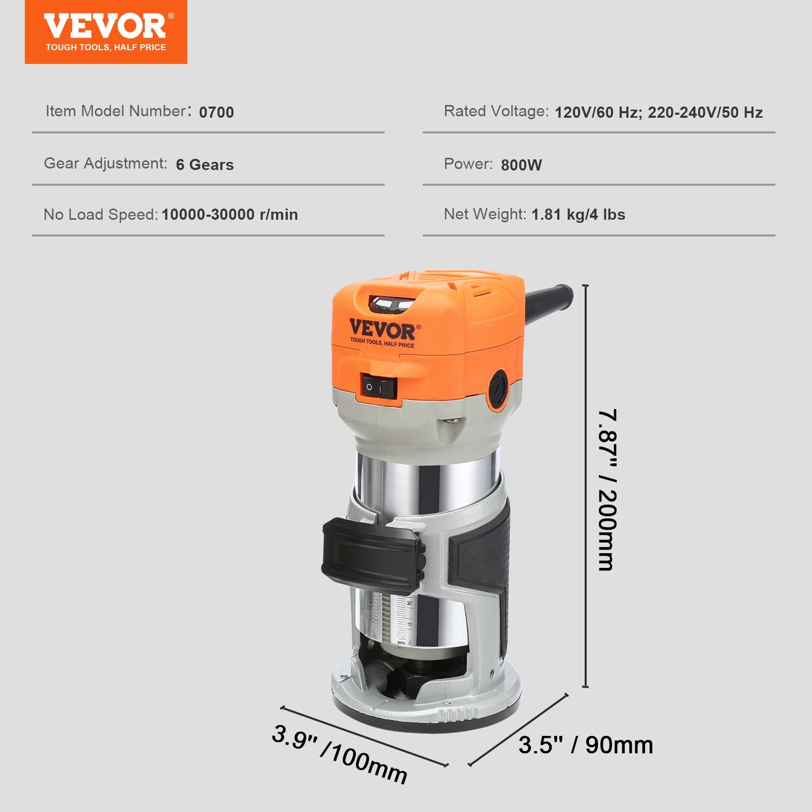 Chainsaws: VEVOR Wood Router, 1.25HP 800W, Compact Wood Trimmer Router Tool, 30000RPM Max Speed 6 Variable Speeds, with 1/4'' & 5/16'' Collets 12 PCs Milling Cutters Dust Hood, for Woodworking Slotting Trimming