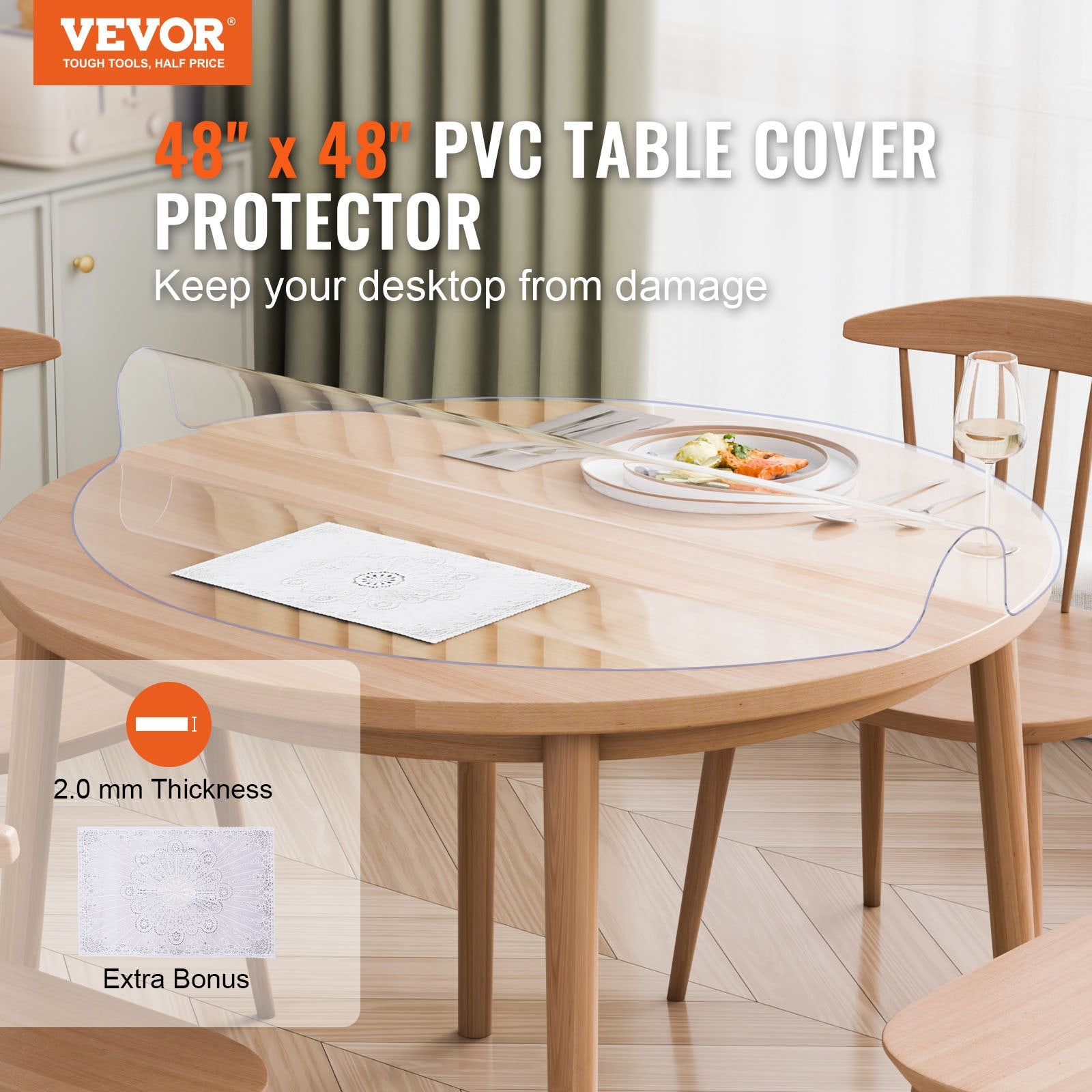 Audio Accessories: VEVOR Plastic Table Cover, 48 x 48 Inch 2.0 mm Thick Clear Table Protector, Round PVC Desk Mat, Waterproof & Easy Cleaning Desk Pad Tablecloth, for Office Dresser Dining Room Table Night Stand
