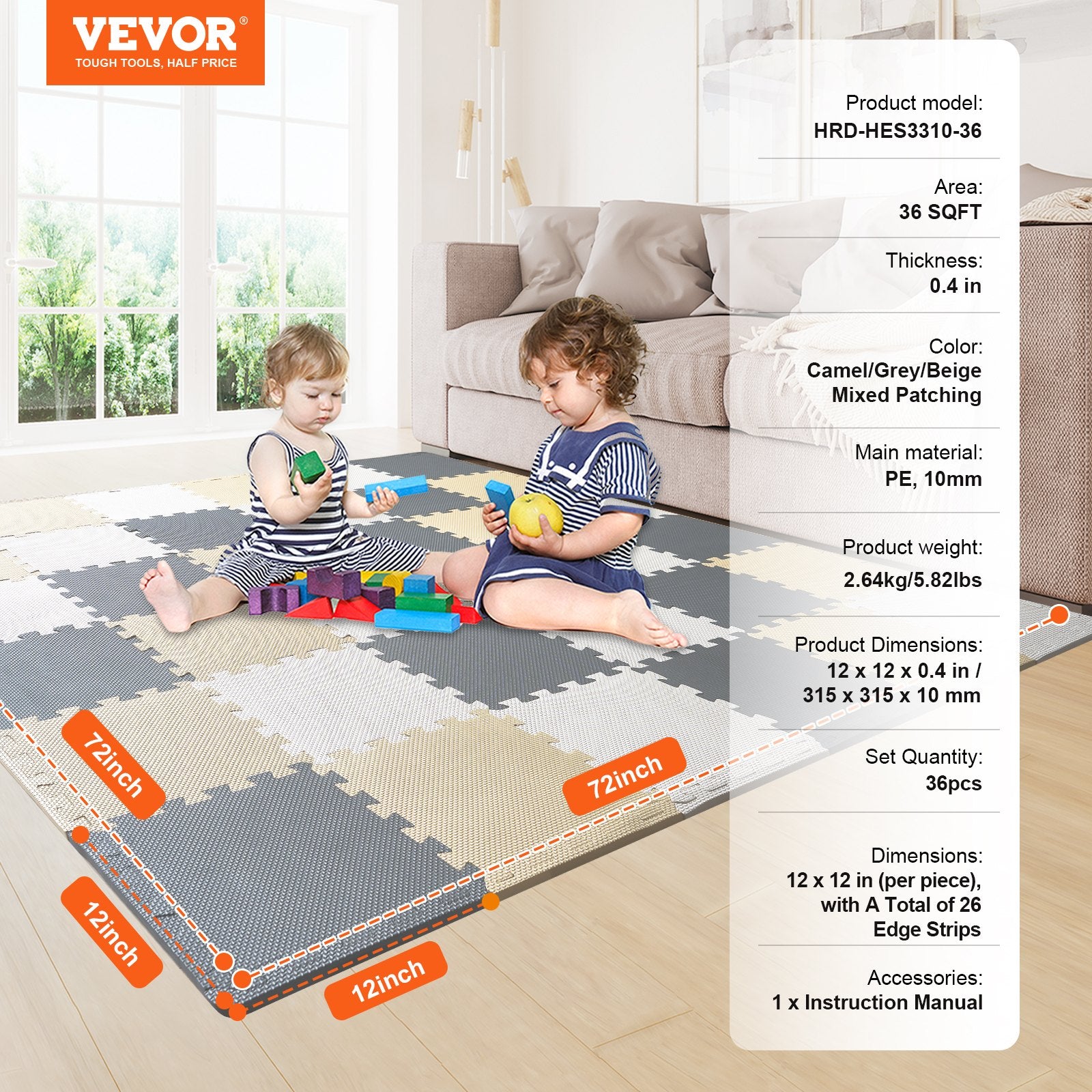 Ball Pits & Play Pens: VEVOR Kids Foam Puzzle Floor Playmat 0.4 in 36 Pcs Interlocking EVA Soft Tiles