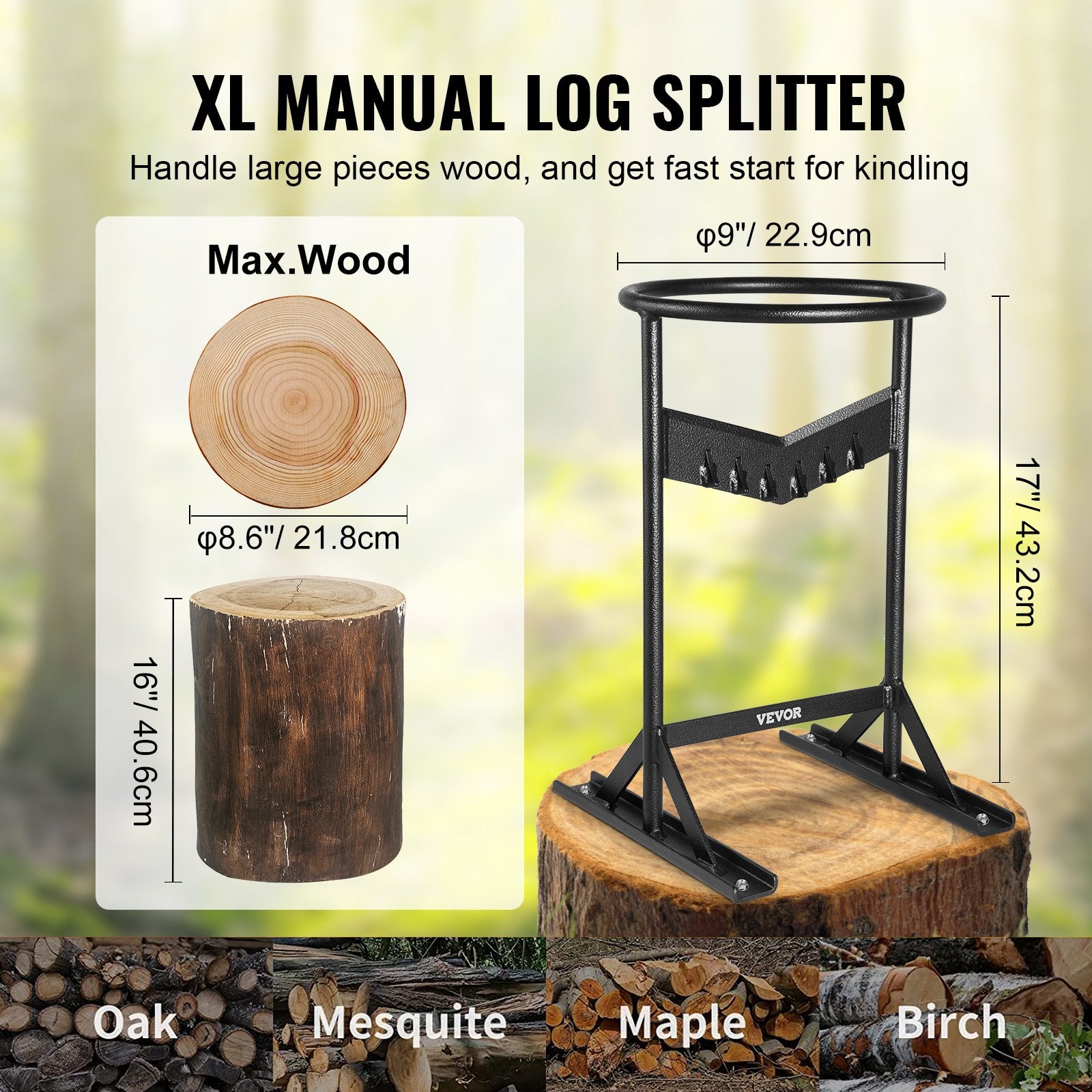Chainsaws: VEVOR Firewood Kindling Splitter, 9''x17'' XL Wood Splitter, Unique V-Shaped Finger-Safety Blade, Manual Log Splitter for Wood Splitting, Heavy Duty Strong Steel Structure & Stability, Log Splitter