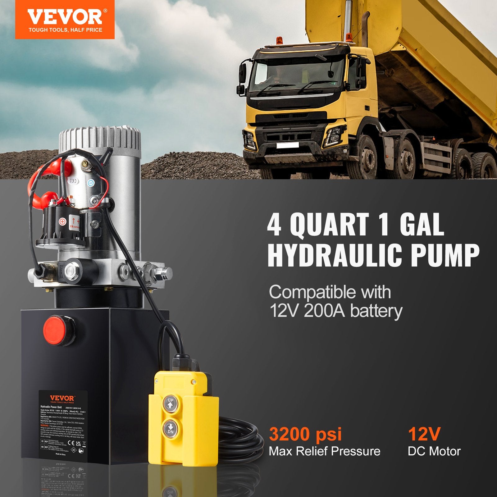 Fuel & Exhaust: VEVOR Hydraulic Pump, 4 Quart Hydraulic Power Unit, Single Acting Dump Trailer Pump, 0.91 GPM Flow Rate, 3200 PSI Max Relief Pressure, DC 12V Hydraulic Pump for Dump Trailer Car Lifting