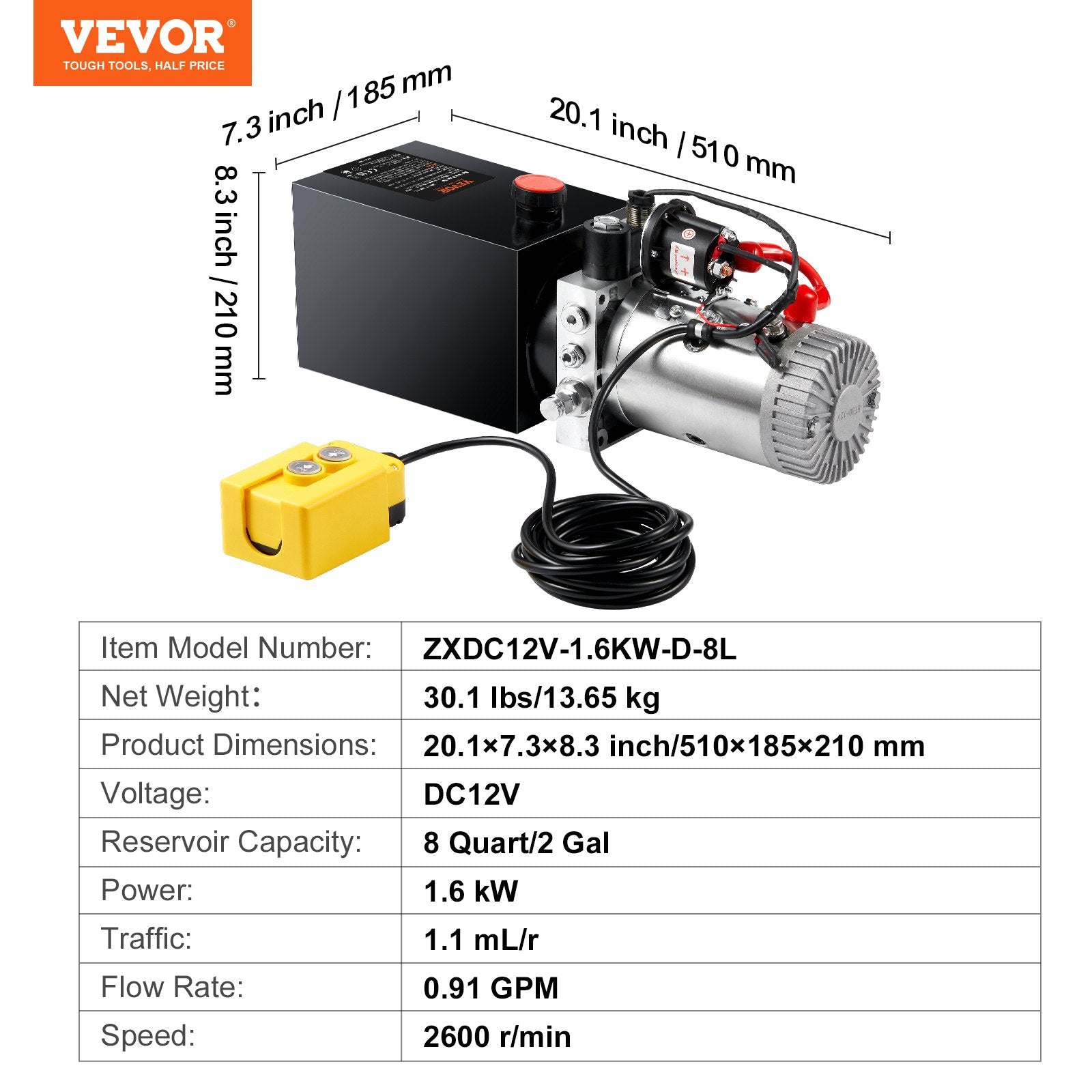 Fuel & Exhaust: VEVOR Hydraulic Pump, 8 Quart Hydraulic Power Unit, Single Acting Dump Trailer Pump, 0.91 GPM Flow Rate, 3200 PSI Max Relief Pressure, DC 12V Hydraulic Pump for Dump Trailer Car Lifting
