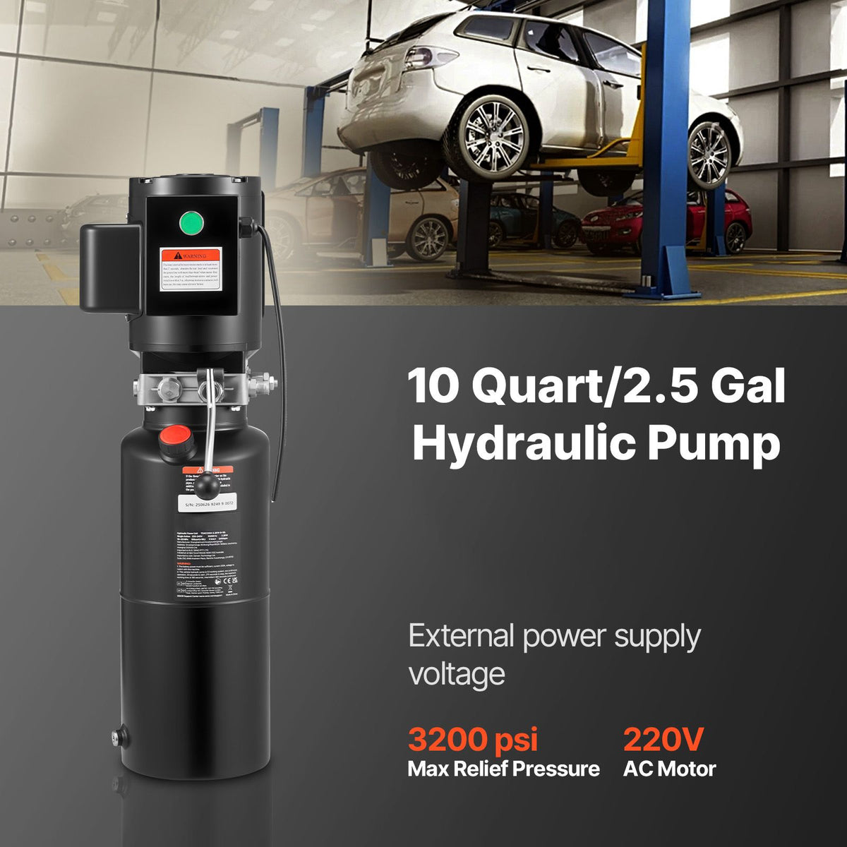 Hydraulic Pump Power Unit, AC 220V, 10 Quart Single Acting Hydraulic Unit, 6.3 L/min Oil Flow, Max Discharge Pressure 22 MPa for Dump Truck, Auto Repair Garage, Car Lifting Platforms, Black