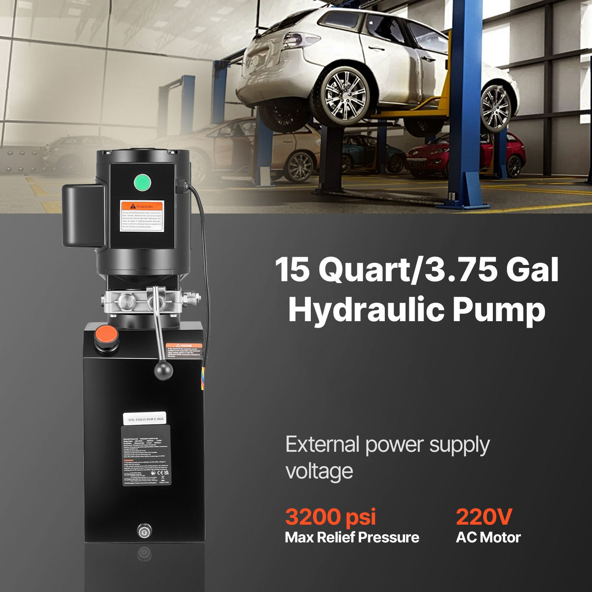 Hydraulic Pump Power Unit, AC 220V, 15 Quart Single Acting Hydraulic Unit, 6.3 L/min Oil Flow, Max Discharge Pressure 22 MPa for Dump Truck, Auto Repair Garage, Car Lifting Platforms, Black