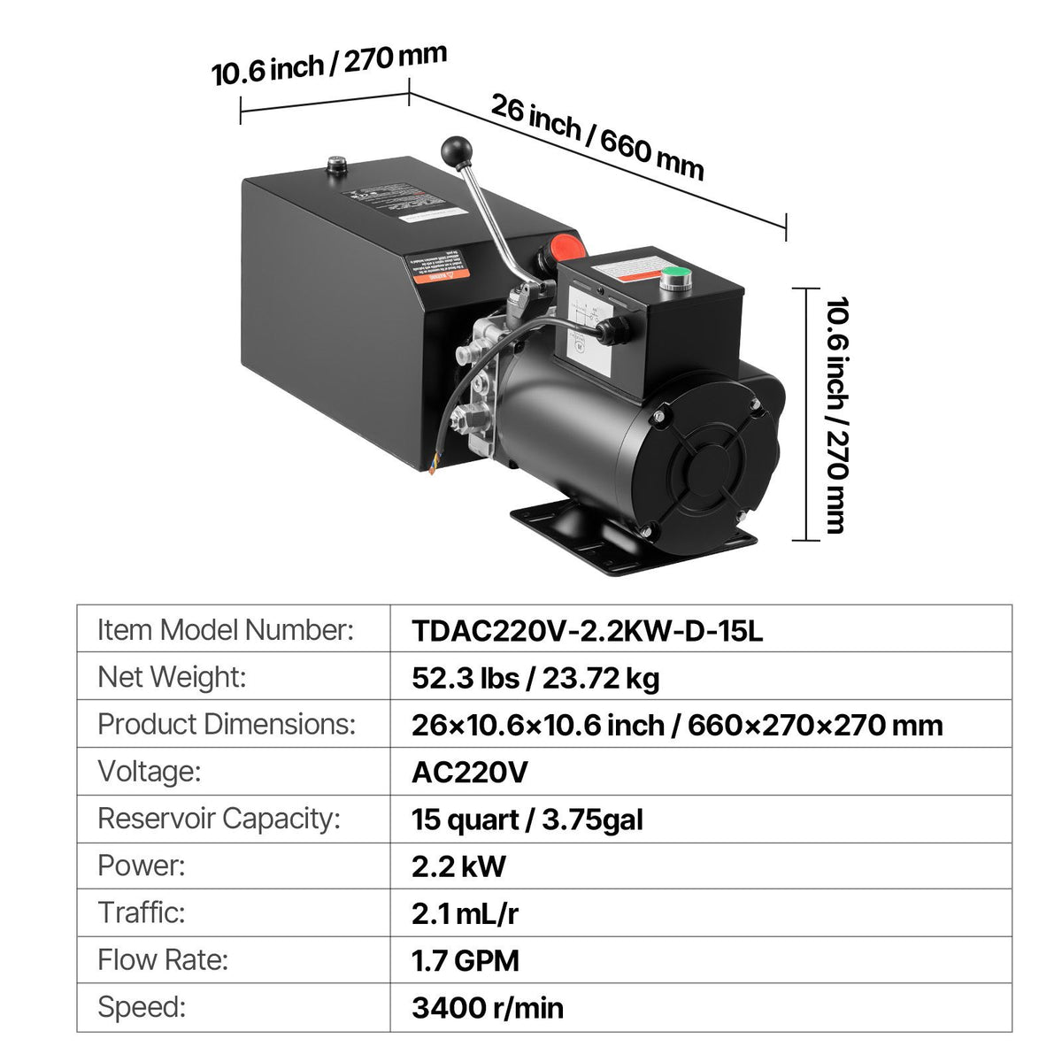 Hydraulic Pump Power Unit, AC 220V, 15 Quart Single Acting Hydraulic Unit, 6.3 L/min Oil Flow, Max Discharge Pressure 22 MPa for Dump Truck, Auto Repair Garage, Car Lifting Platforms, Black