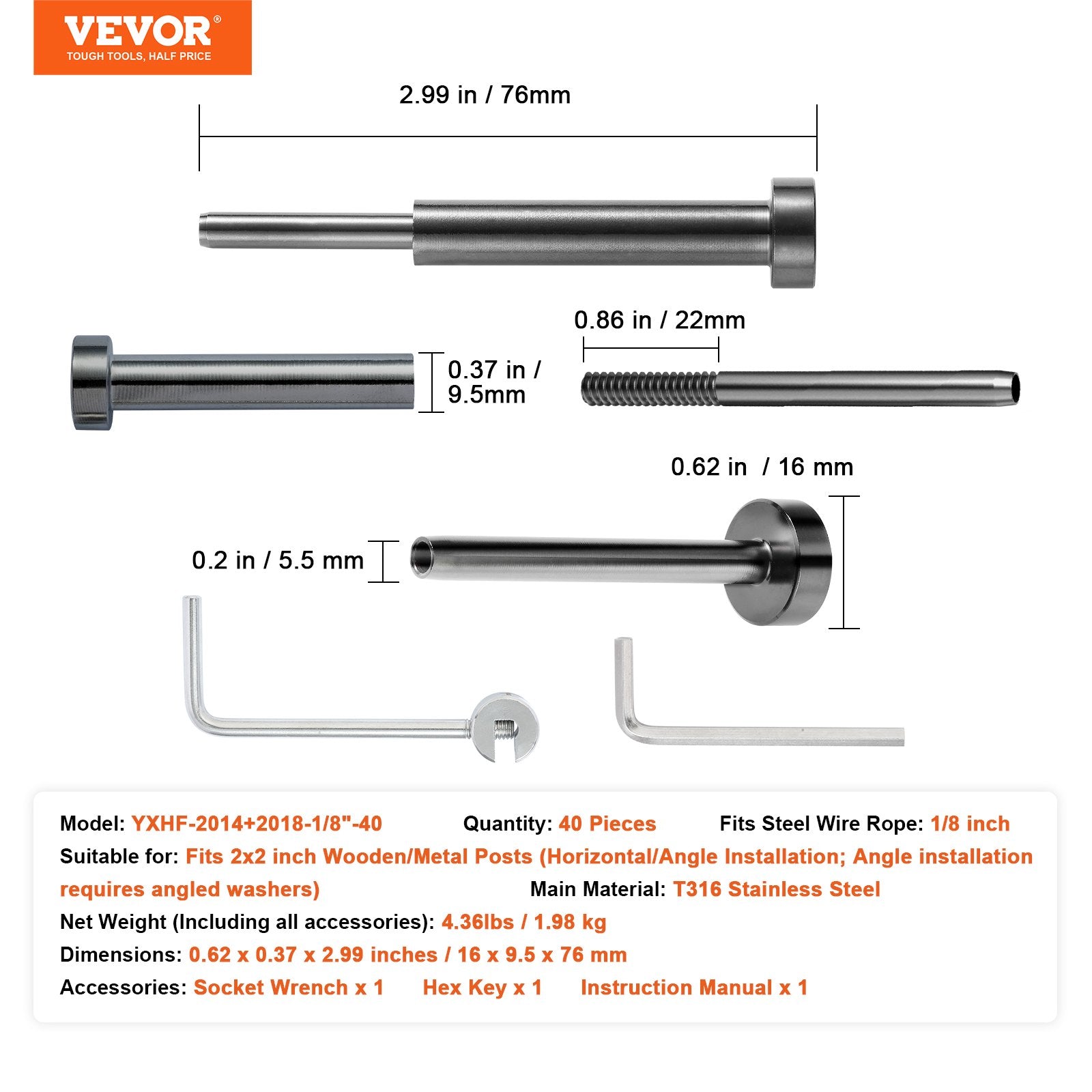 Building Materials: VEVOR 40 Pack Invisible Cable Railing kit, T316 Stainless Steel 3.2mm Invisible Receiver and Swage Stud End for Cable Railing, Swage Tensioner 3.2mm for Wood/Metal Post, Cable Railing Hardware, Black