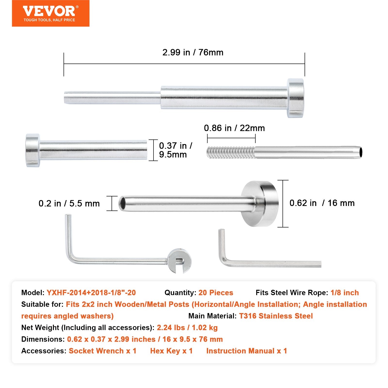 Building Materials: VEVOR 20 Pack Invisible Cable Railing kit, T316 Stainless Steel 3.2mm Invisible Receiver and Swage Stud End for Cable Railing, Swage Tensioner 3.2mm for Wood/Metal Post, Cable Railing Hardware, Silver