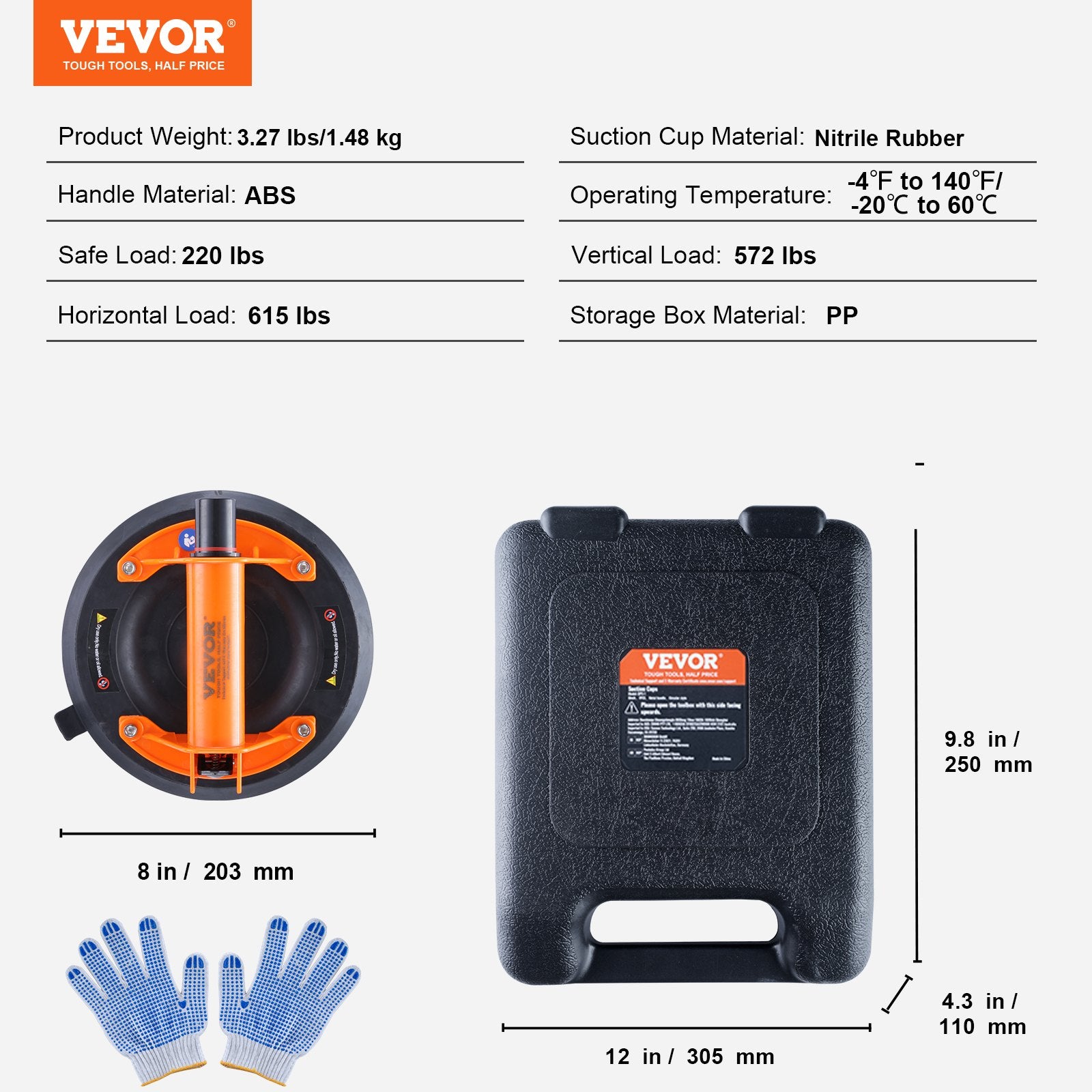 Audio Accessories: VEVOR Glass Suction Cup, 203 mm 278 kg Capacity, Vacuum Suction Cup with ABS Handle and Carry Box, Heavy Duty Industrial Suction Cup Lifter Tool for Glass, Granite, Tile, Metal, Wood Panel Lifting