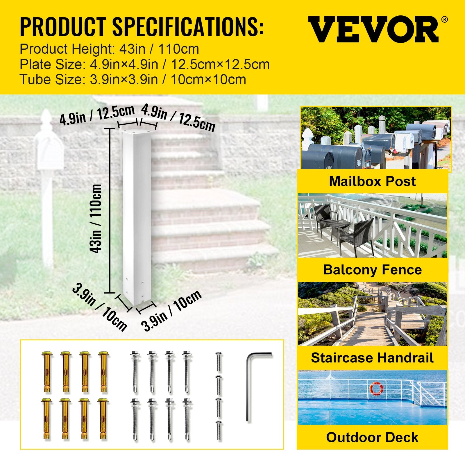 Postage Satchels & Boxes: VEVOR Mailbox Post, 43"" High Mailbox Stand, White Powder-Coated Mail Box Post Kit, Q235 Steel Post Stand Surface Mount Post for Sidewalk and Street Curbside, Universal Mail Post for Outdoor Mailbox