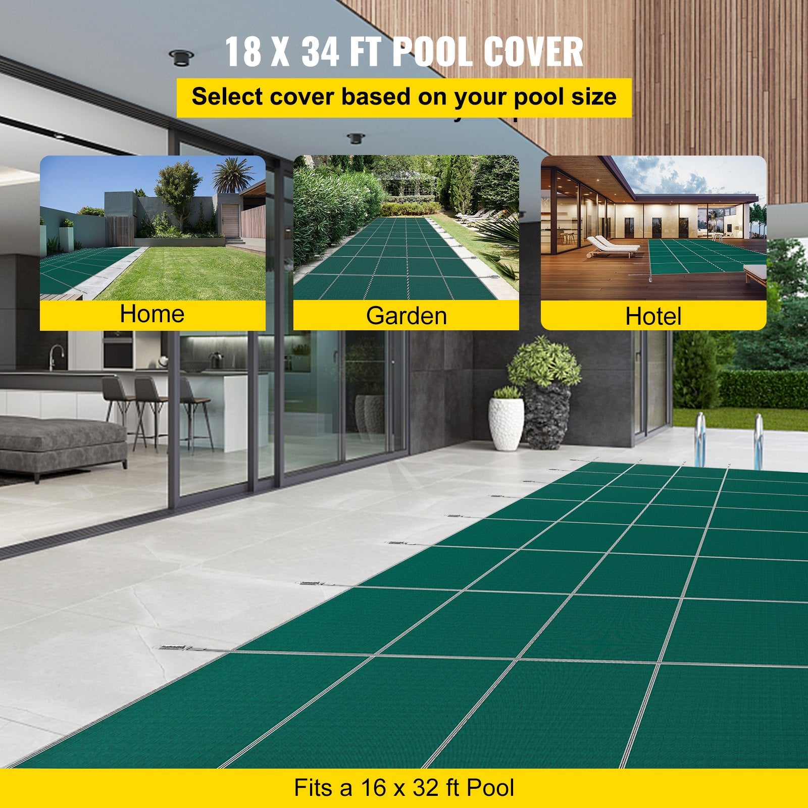 Pool Covers & Accessories: VEVOR Pool Safety Cover Fits 16x32ft Rectangle Inground Safety Pool Cover Green Mesh with 4x8ft Center End Steps Solid Pool Safety Cover for Swimming Pool Winter Safety Cover