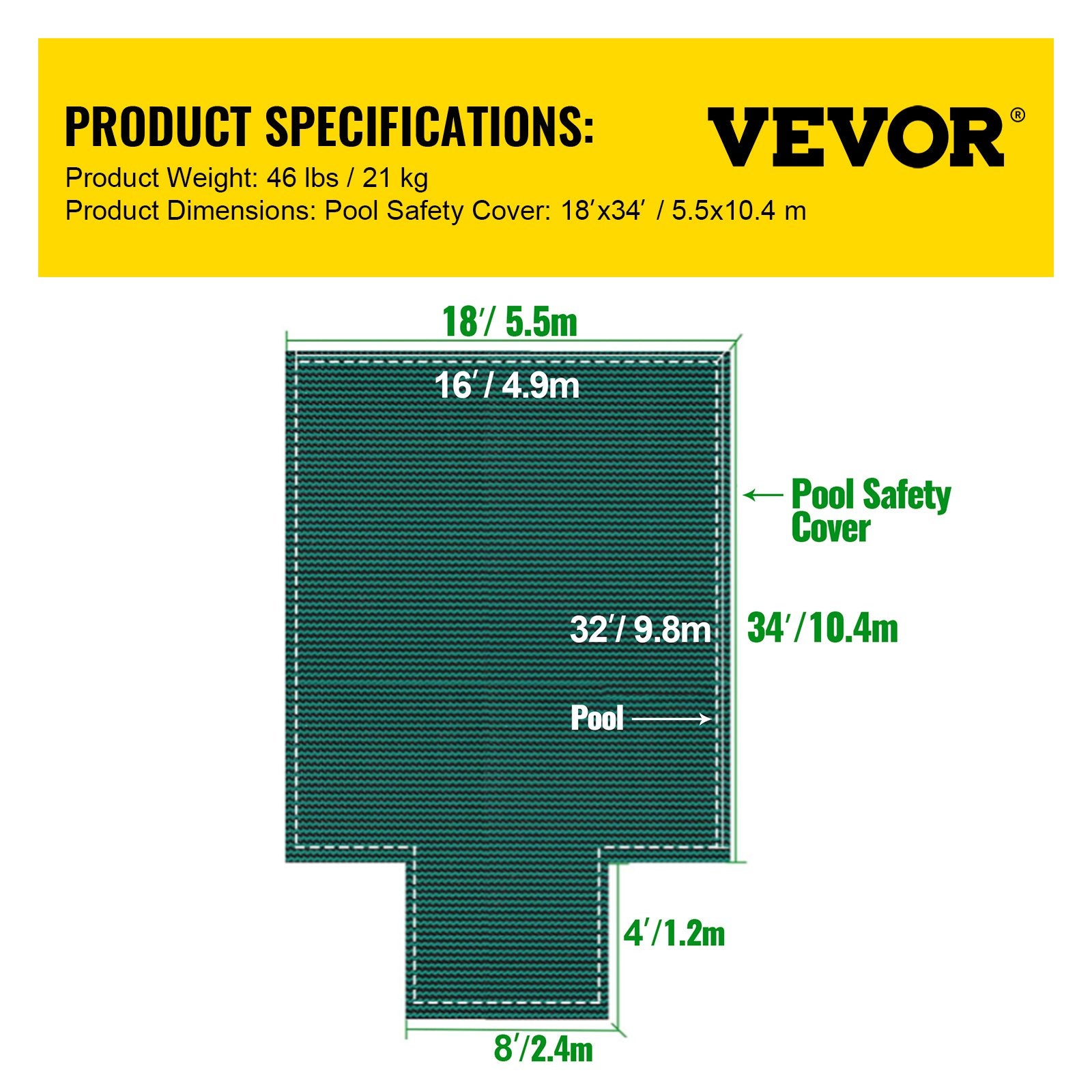 Pool Covers & Accessories: VEVOR Pool Safety Cover Fits 16x32ft Rectangle Inground Safety Pool Cover Green Mesh with 4x8ft Center End Steps Solid Pool Safety Cover for Swimming Pool Winter Safety Cover