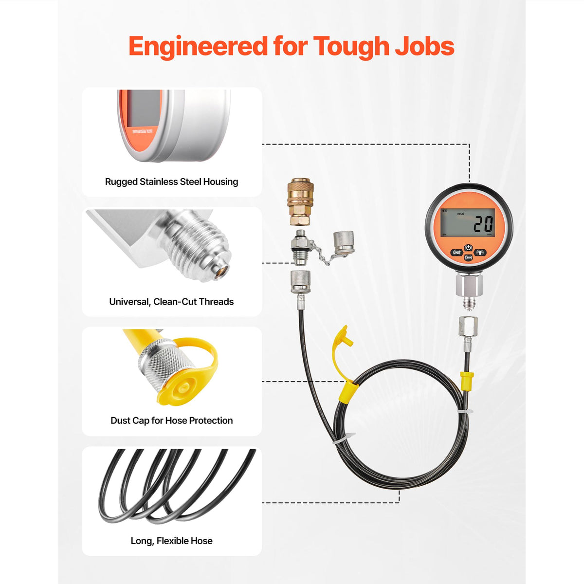 Digital Hydraulic Pressure Test Coupling Kit, 700 Bar Pressure Gauge Manometer Tester with 2 Gauges, 9 Test Couplings, 2 Quick-Release Couplers, 2 Hoses for Excavator Construction Machinery