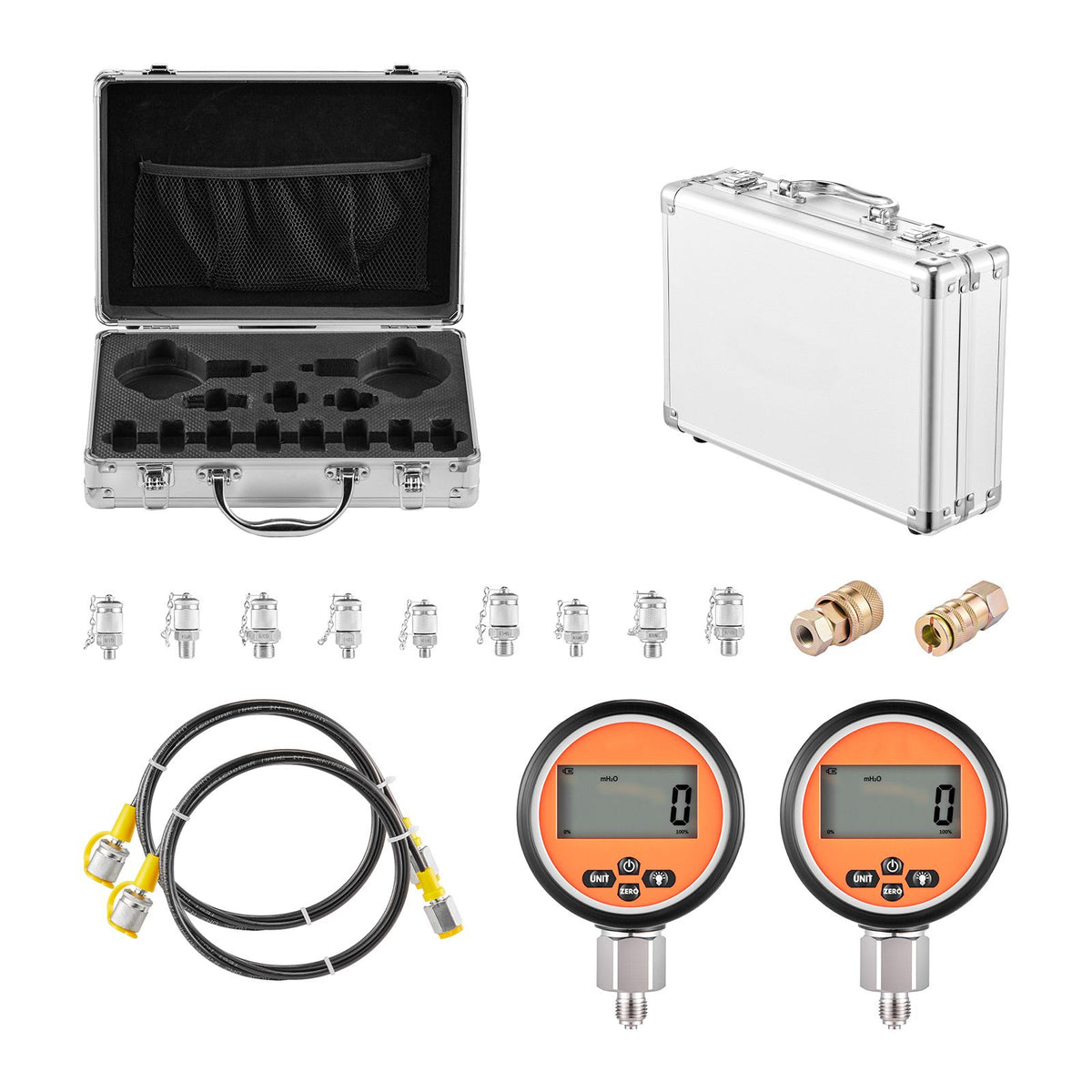 Digital Hydraulic Pressure Test Coupling Kit, 700 Bar Pressure Gauge Manometer Tester with 2 Gauges, 9 Test Couplings, 2 Quick-Release Couplers, 2 Hoses for Excavator Construction Machinery