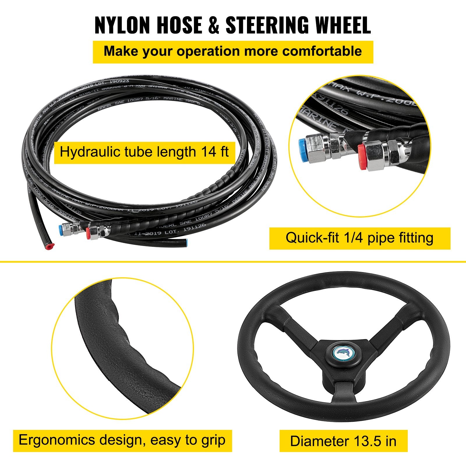 Boating Accessories: VEVOR Hydraulic Boat Steering Kit, 300HP Hydraulic Steering Kit Helm Pump, Hydraulic Outboard Steeing Kit with 4267 mm Hydraulic Steering Hose for Boat Steering System