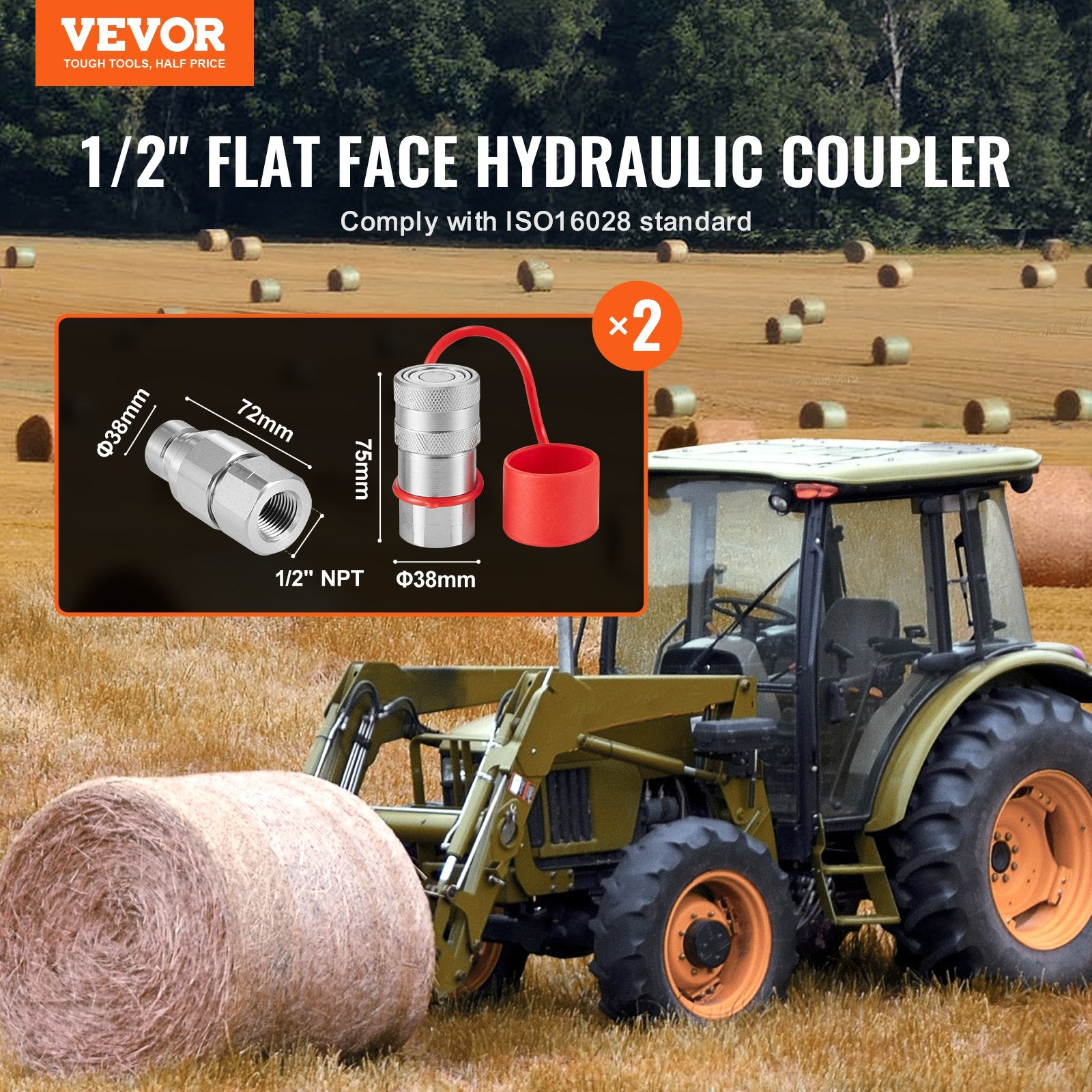 Automotive Repair & Speciality Tools: VEVOR 1/2" Flat Face Hydraulic Couplers 1/2" NPT Skid Steer Couplers 4 Dust Caps