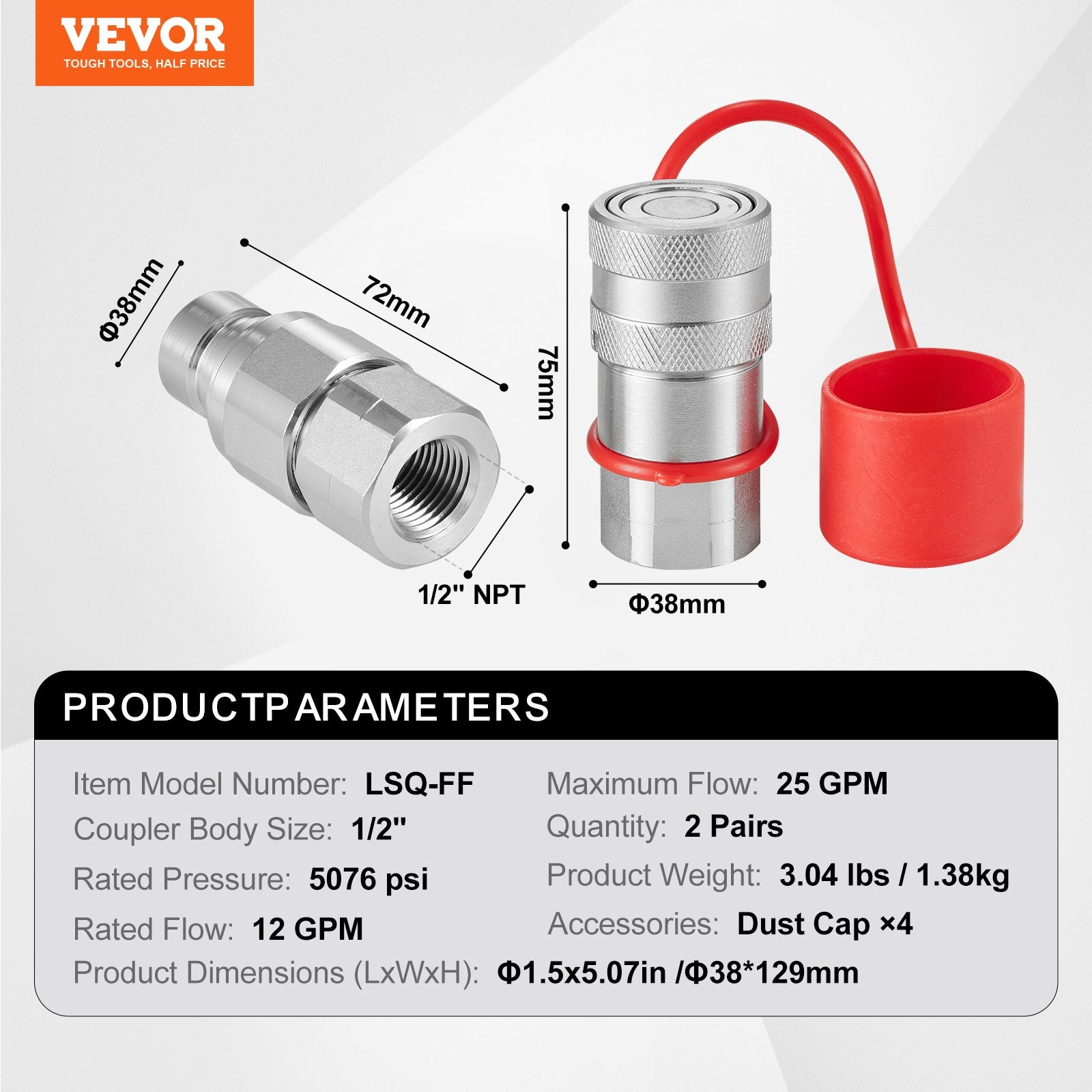 Automotive Repair & Speciality Tools: VEVOR 1/2" Flat Face Hydraulic Couplers 1/2" NPT Skid Steer Couplers 4 Dust Caps