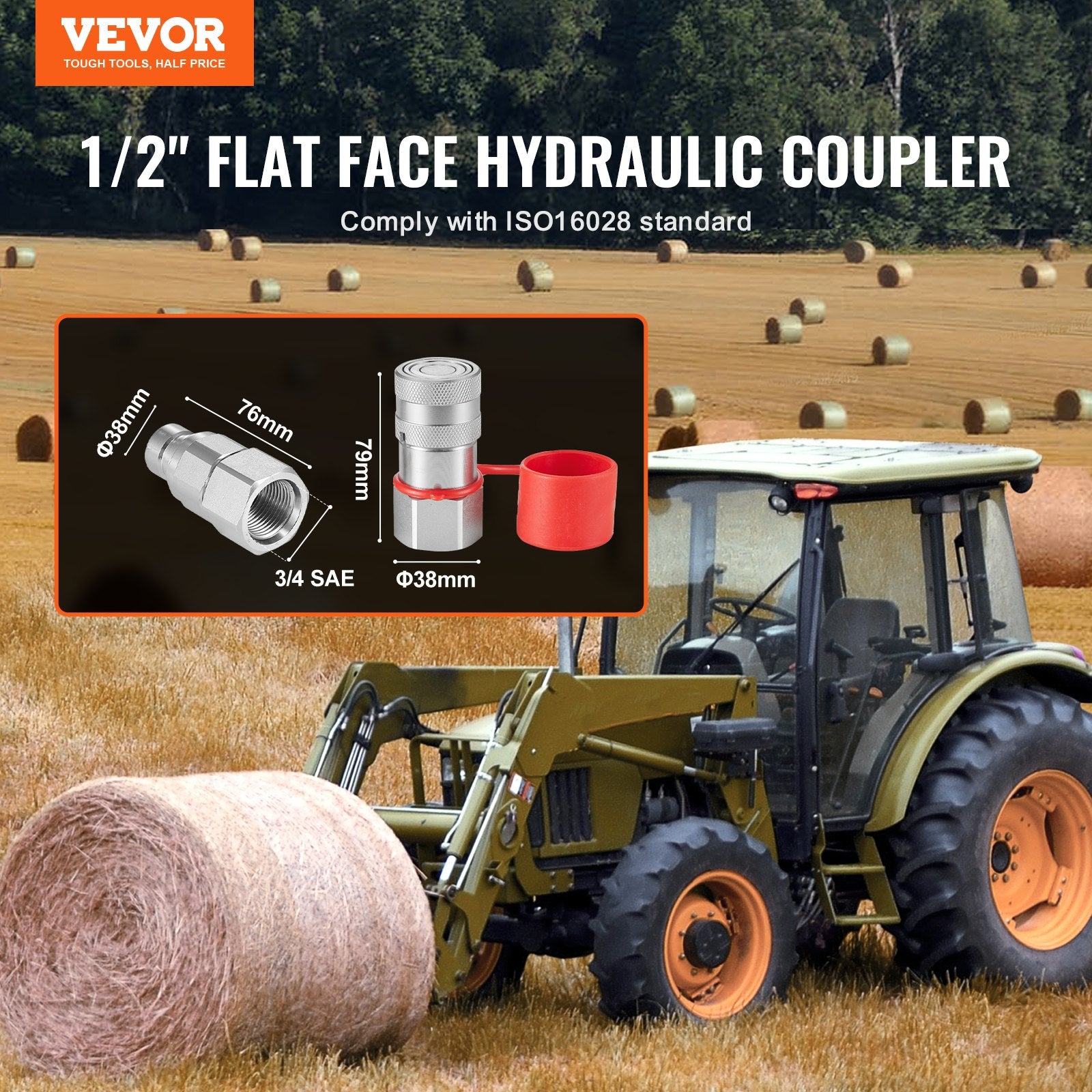 Automotive Repair & Speciality Tools: VEVOR 1/2" Flat Face Hydraulic Couplers 1/2" NPT Skid Steer Couplers 2 Dust Caps