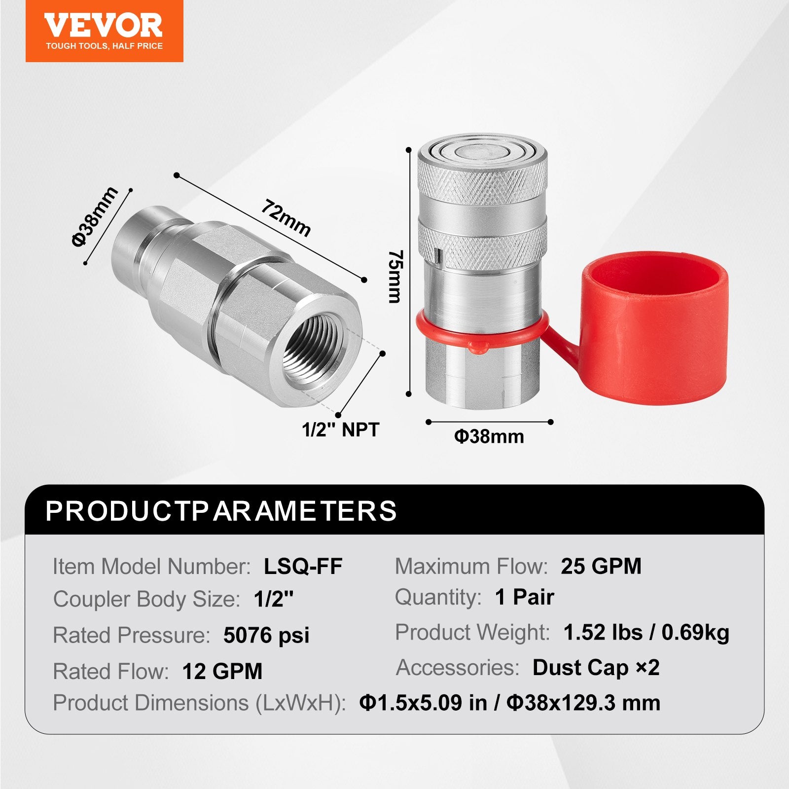 Automotive Repair & Speciality Tools: VEVOR 1/2" Flat Face Hydraulic Couplers 1/2" NPT Skid Steer Couplers 2 Dust Caps