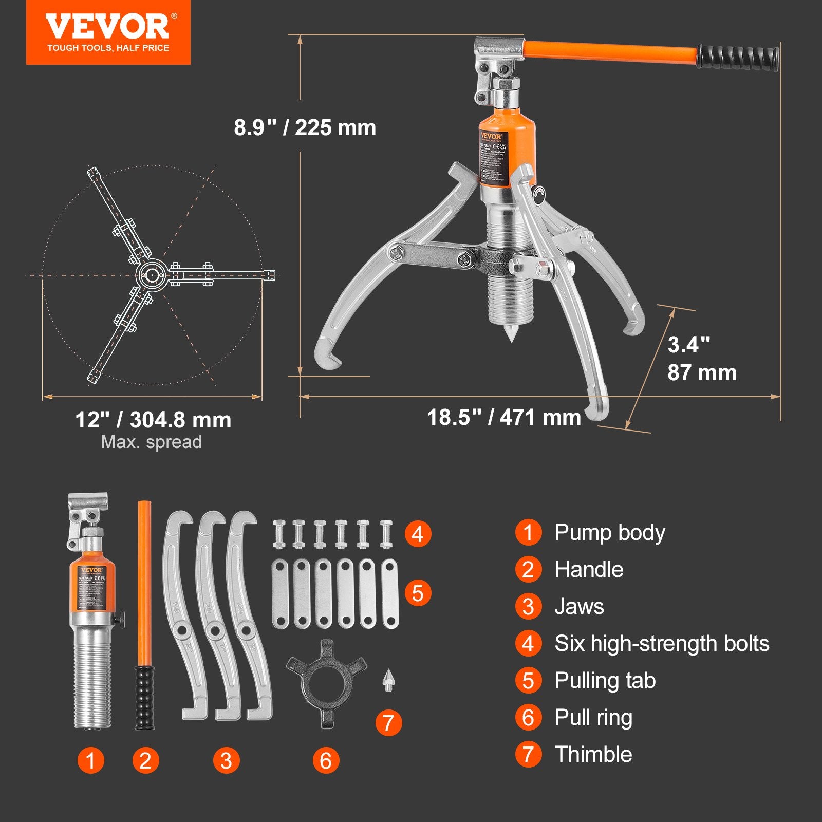 Automotive Parts: VEVOR Hydraulic Gear Puller 15 Ton Wheel Pulley Bearing 2 or 3-Jaw with Case