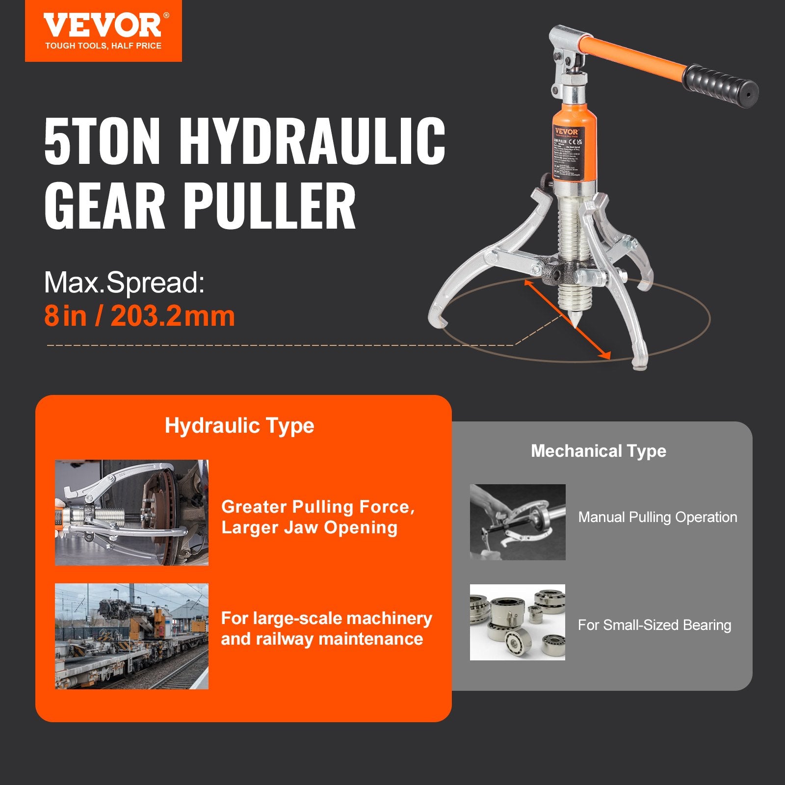 Automotive Parts: VEVOR Hydraulic Gear Puller 5 Ton Wheel Pulley Bearing 2 or 3-Jaw with Case