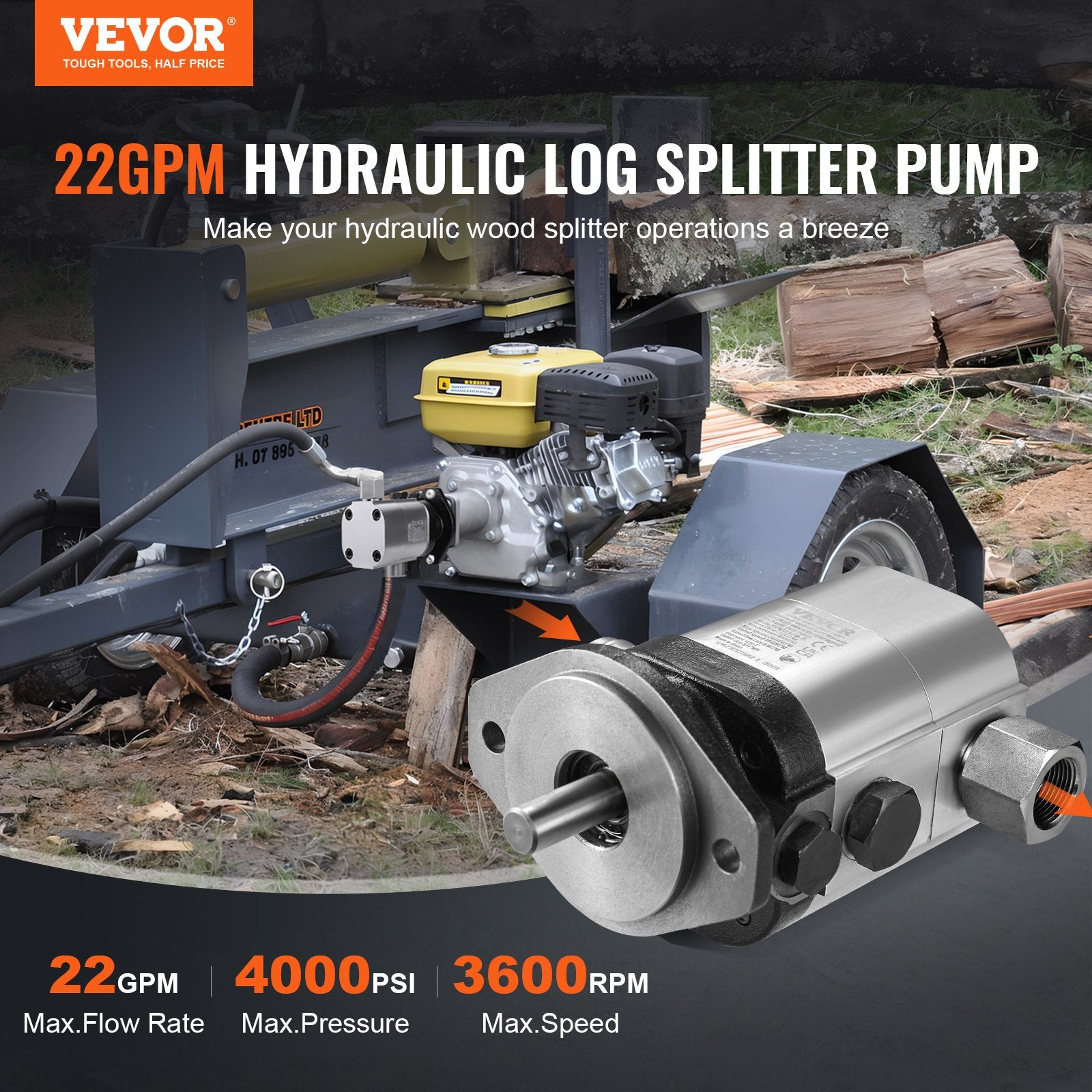 Hydraulic Log Splitter Pump, 22GPM, 2 Stage 4000PSI Wood Log Splitter Pump, 1'' Inlet 3/4'' NPT Outlet 3600 RPM Aluminum Hydraulic Gear Pump, for Small Engine Mounting Log Splitters Snowplow