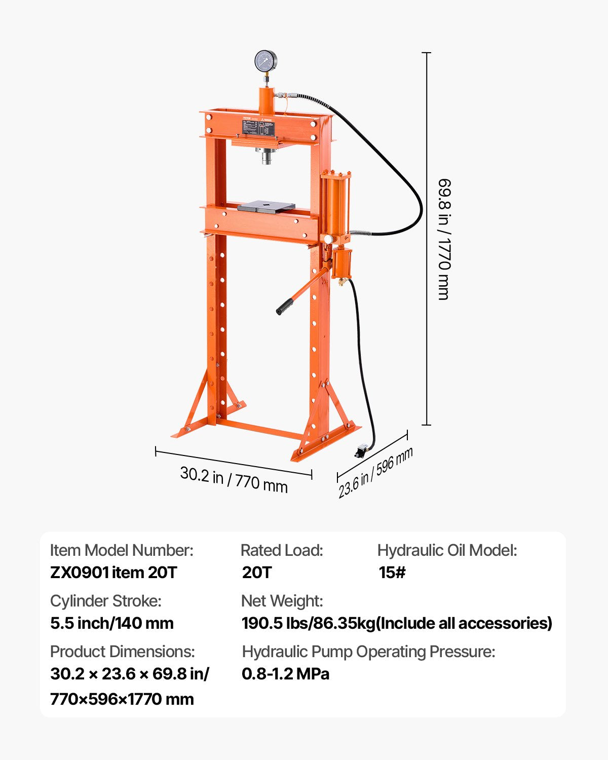 Tool Clamps & Vices: VEVOR 20 T Hydraulic Shop Press Hydraulic Press with Press Plate for Bending