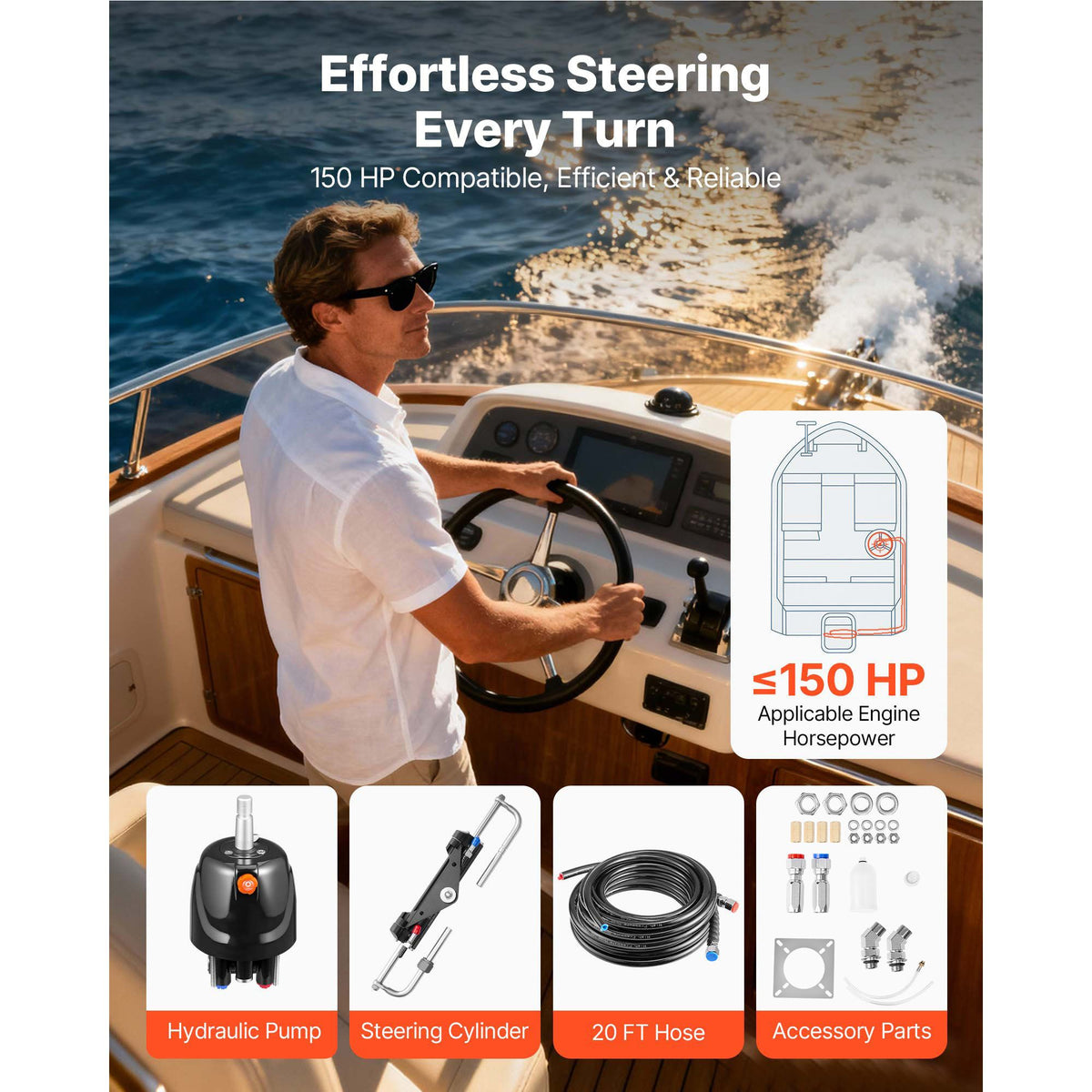 Hydraulic Steering Kit, 150 HP, Marine Boat Hydraulic Steering System, with 6.9 MPa/1000 psi Helm Pump, Two-Way Lock Cylinder, and 6 m High-Strength Hoses, for Single Station, Single-Engine Use